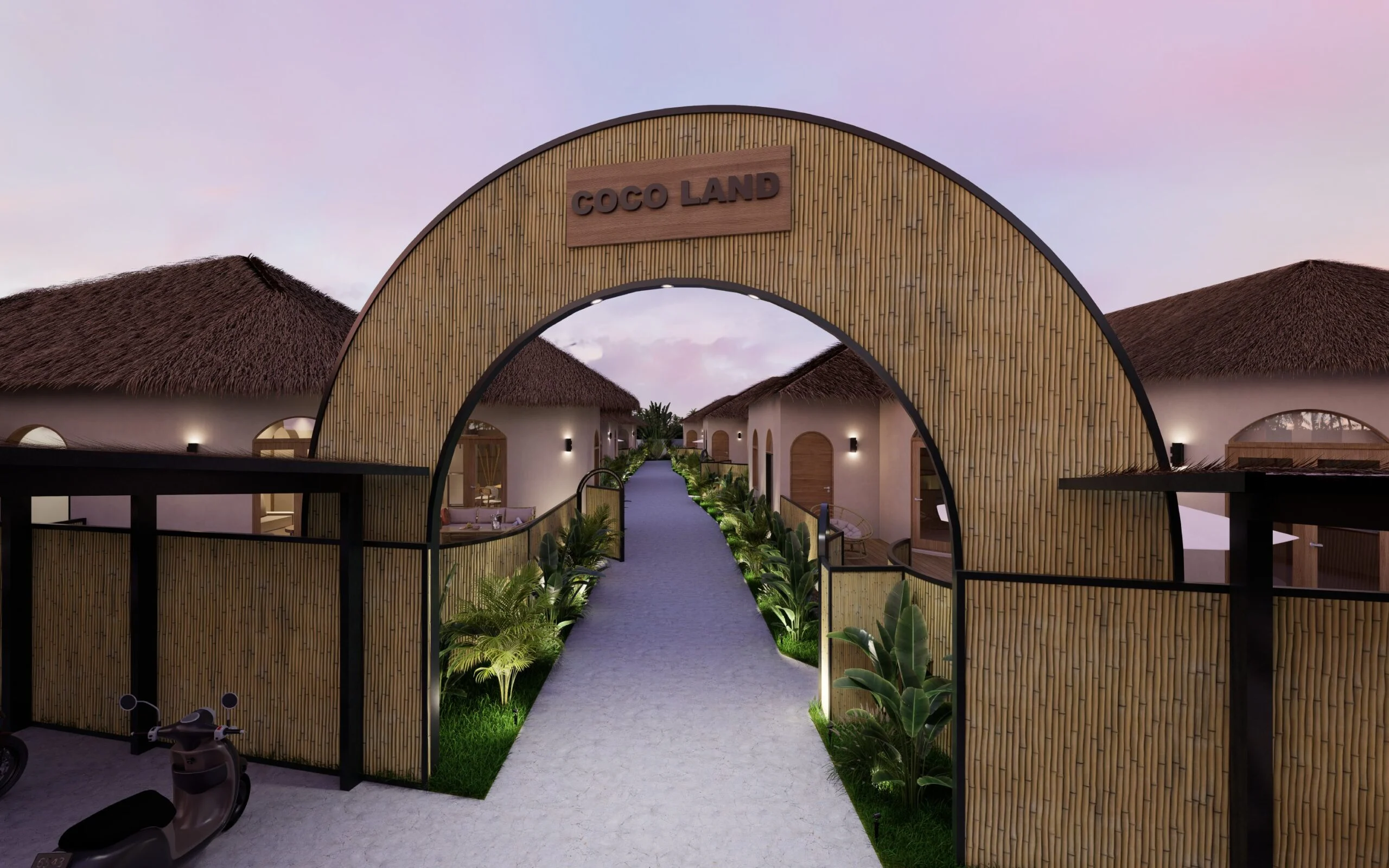 Coco Land — arched bamboo entrance gate to the resort at dusk, tropical resort 3D visualization by Noor Haus Design