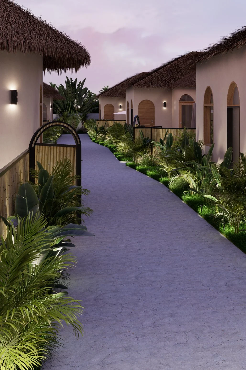 Coco Land — landscaped pathway between the bungalows, tropical resort 3D visualization by Noor Haus Design