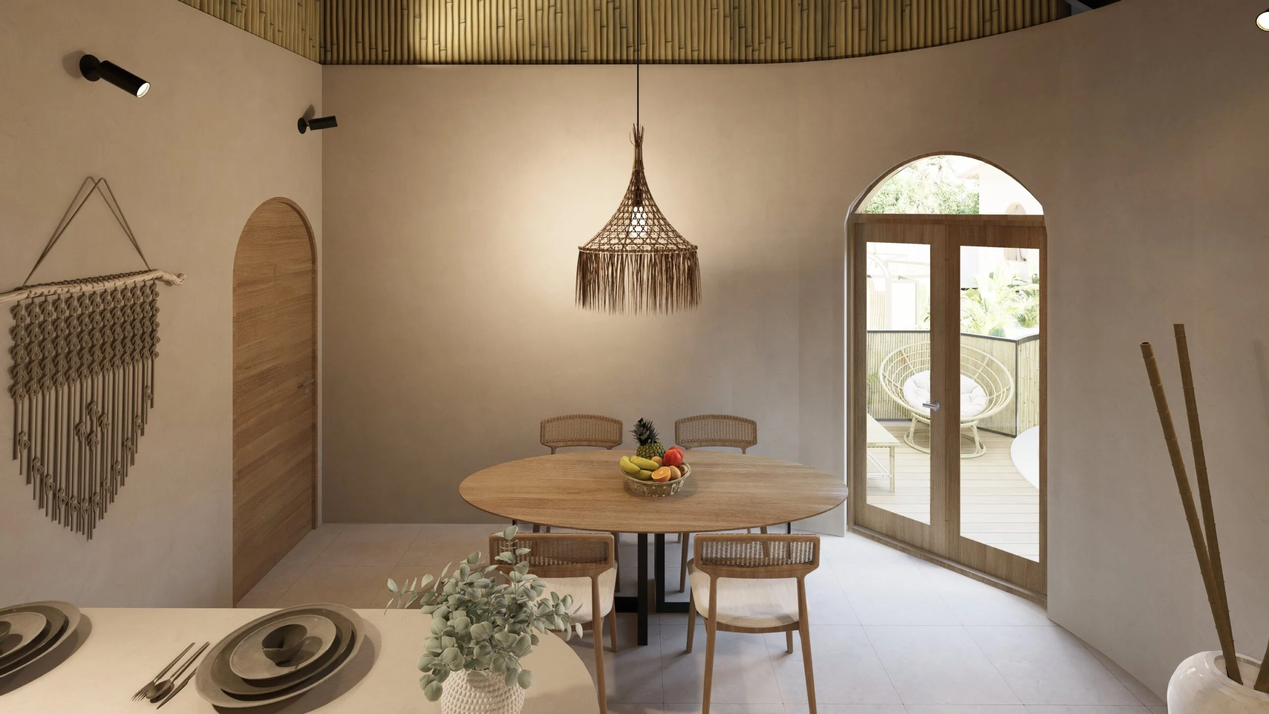 Coco Land — dining nook with macrame wall hanging and arched door to the terrace, tropical resort 3D visualization by Noor Haus Design