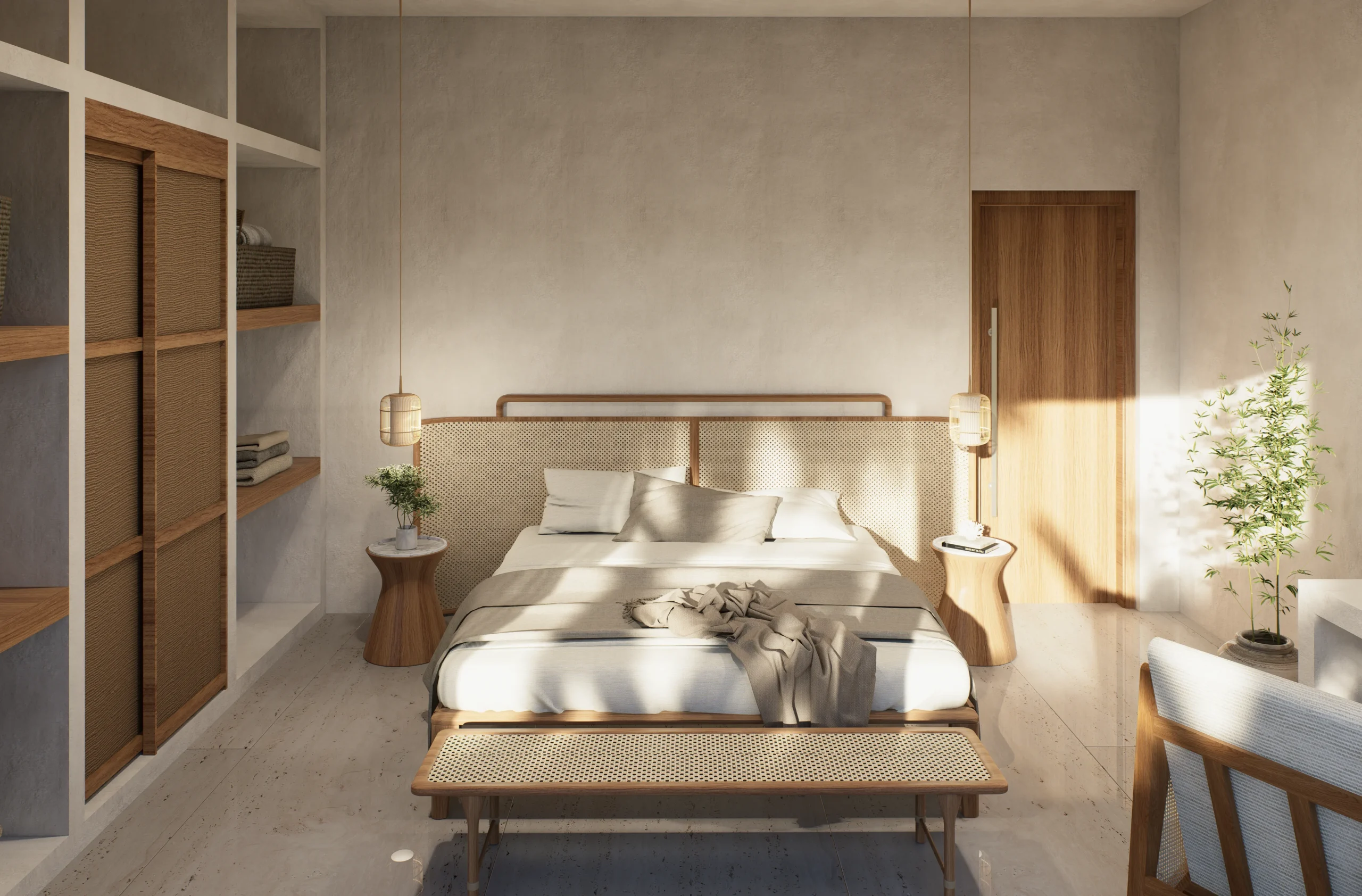 Isaac Palm Residence — bedroom with timber wardrobes and dressing area — architectural 3D visualization by Noor Haus Design