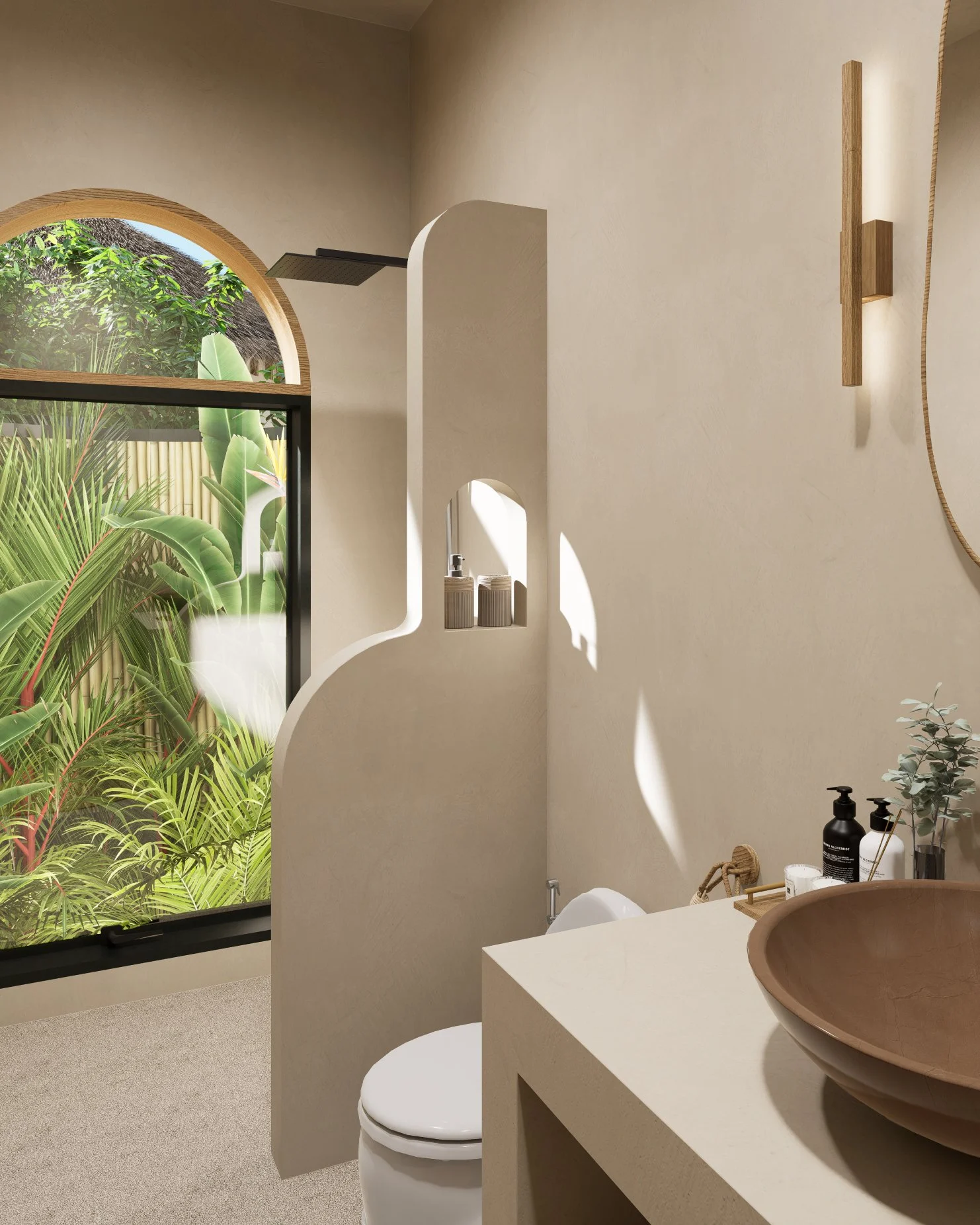 Coco Land — outdoor shower opening onto the jungle, tropical resort 3D visualization by Noor Haus Design