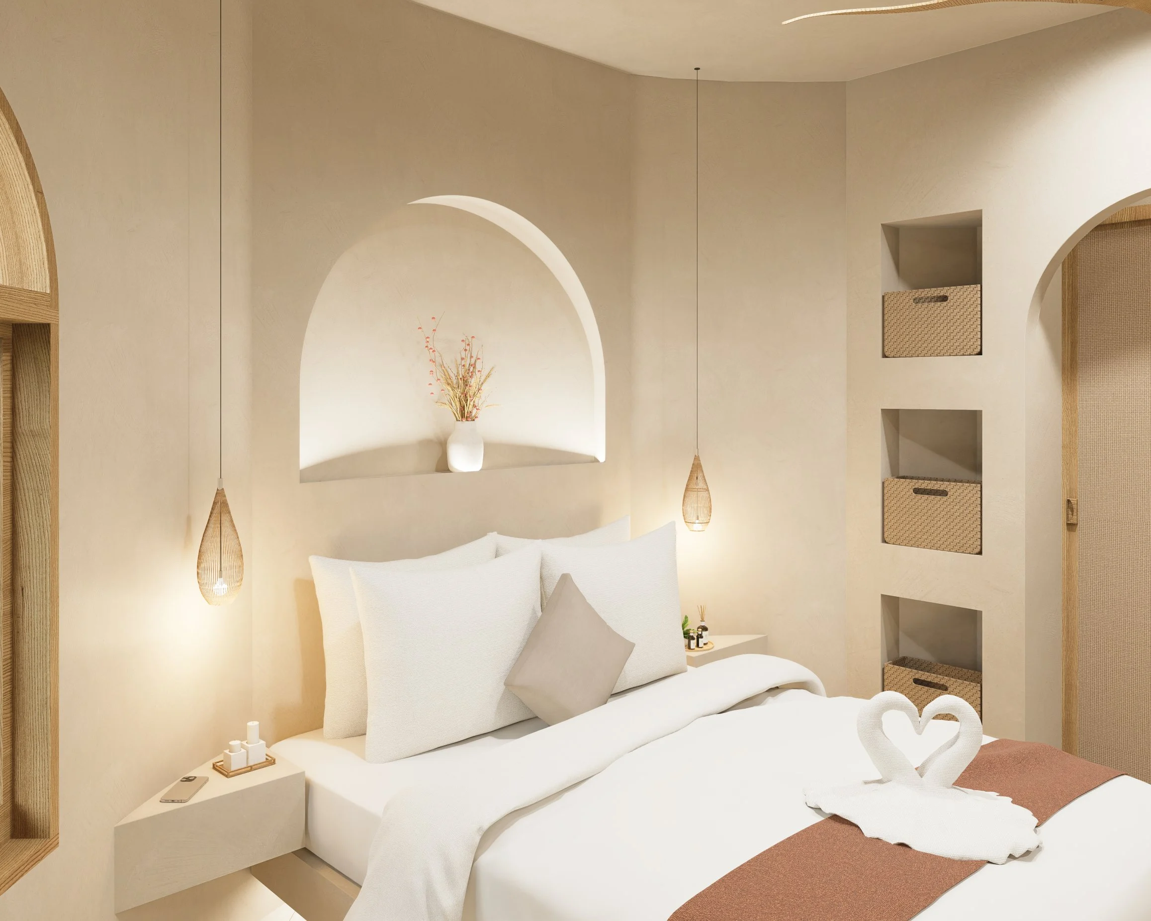 Coco Land — bedroom with arched headboard niche and woven pendant lights, tropical resort 3D visualization by Noor Haus Design