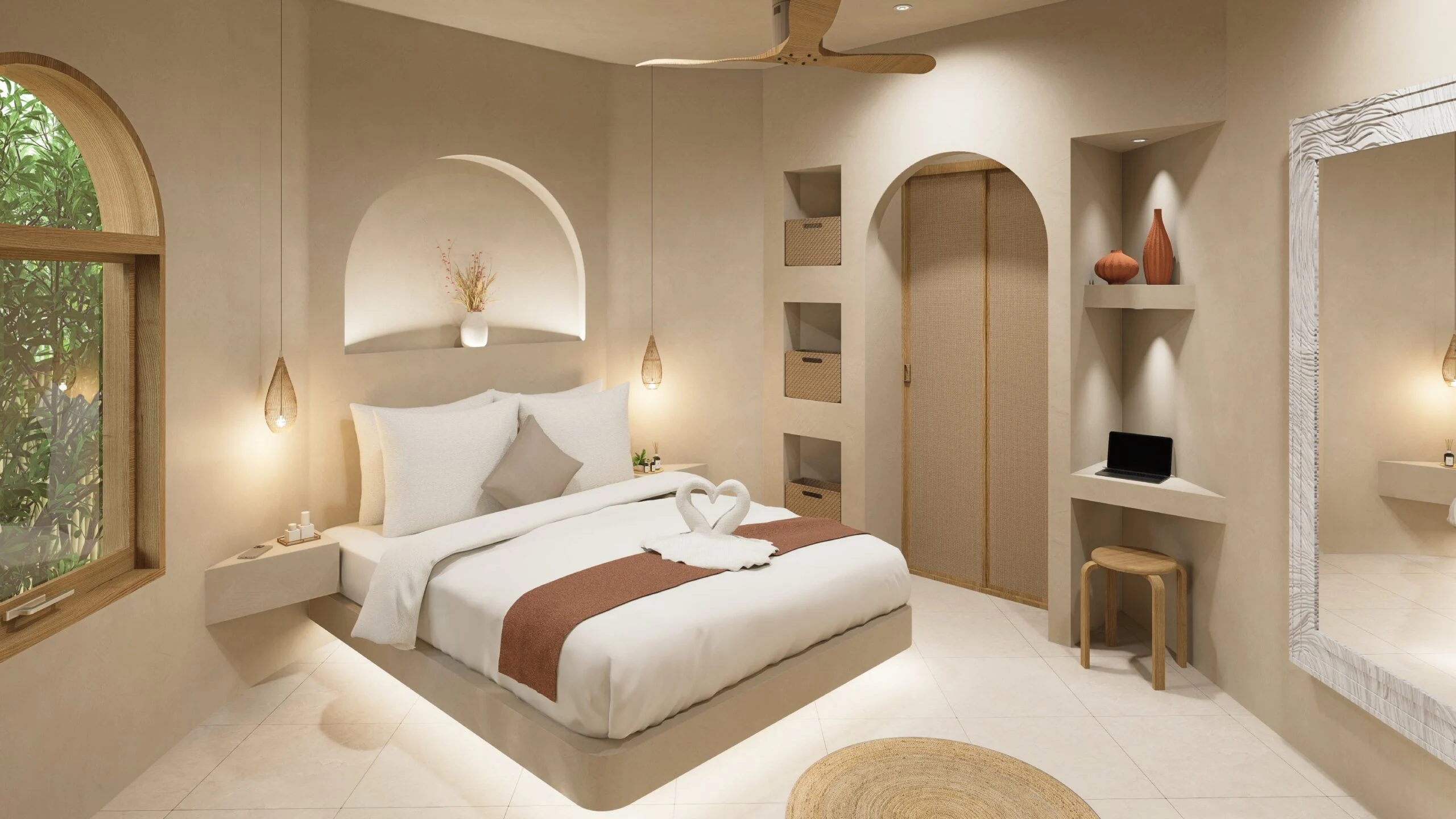 Coco Land — bedroom with arched alcoves, plaster walls and warm lighting, tropical resort 3D visualization by Noor Haus Design