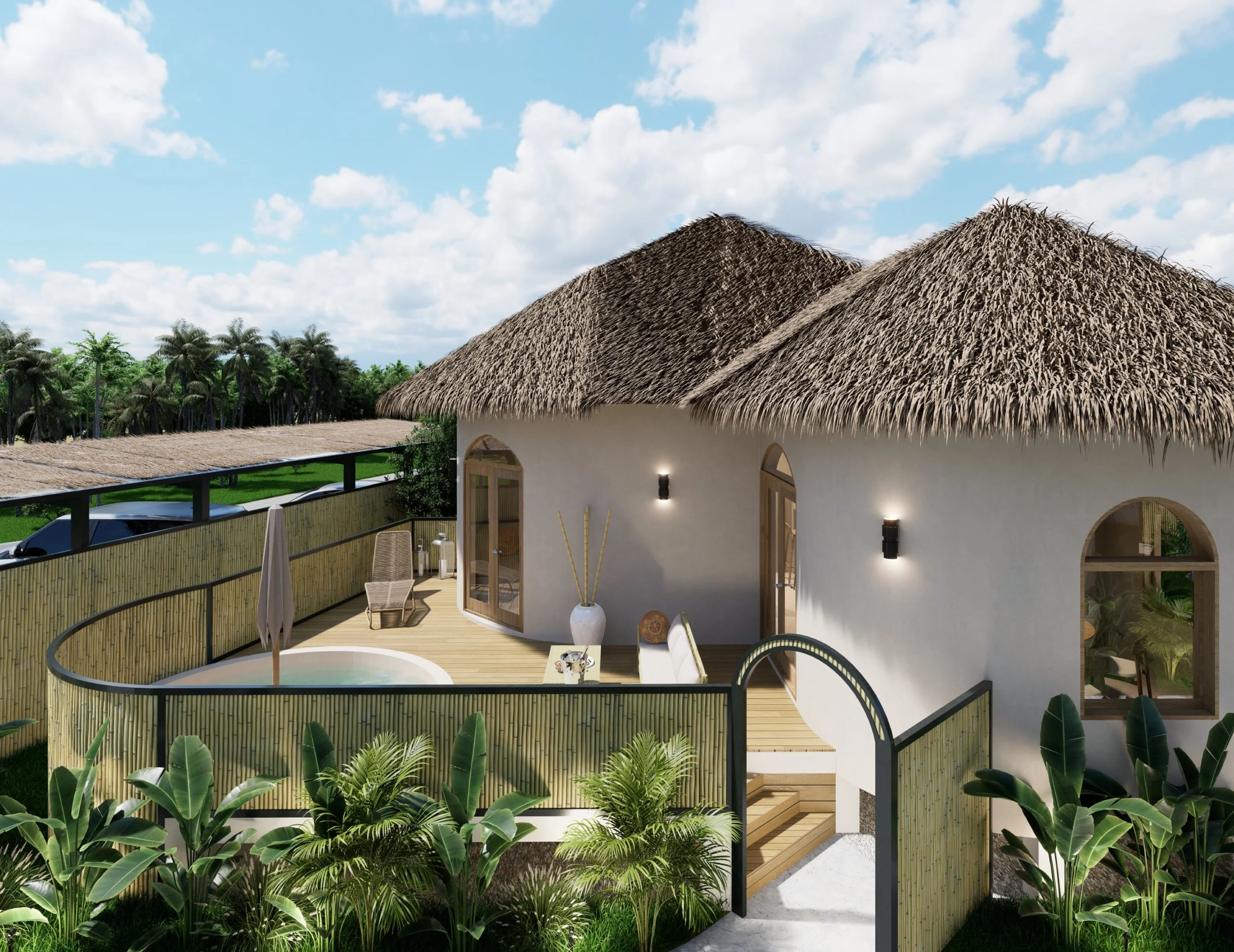 Coco Land — thatched-roof bungalows and private plunge pool terrace, tropical resort 3D visualization by Noor Haus Design