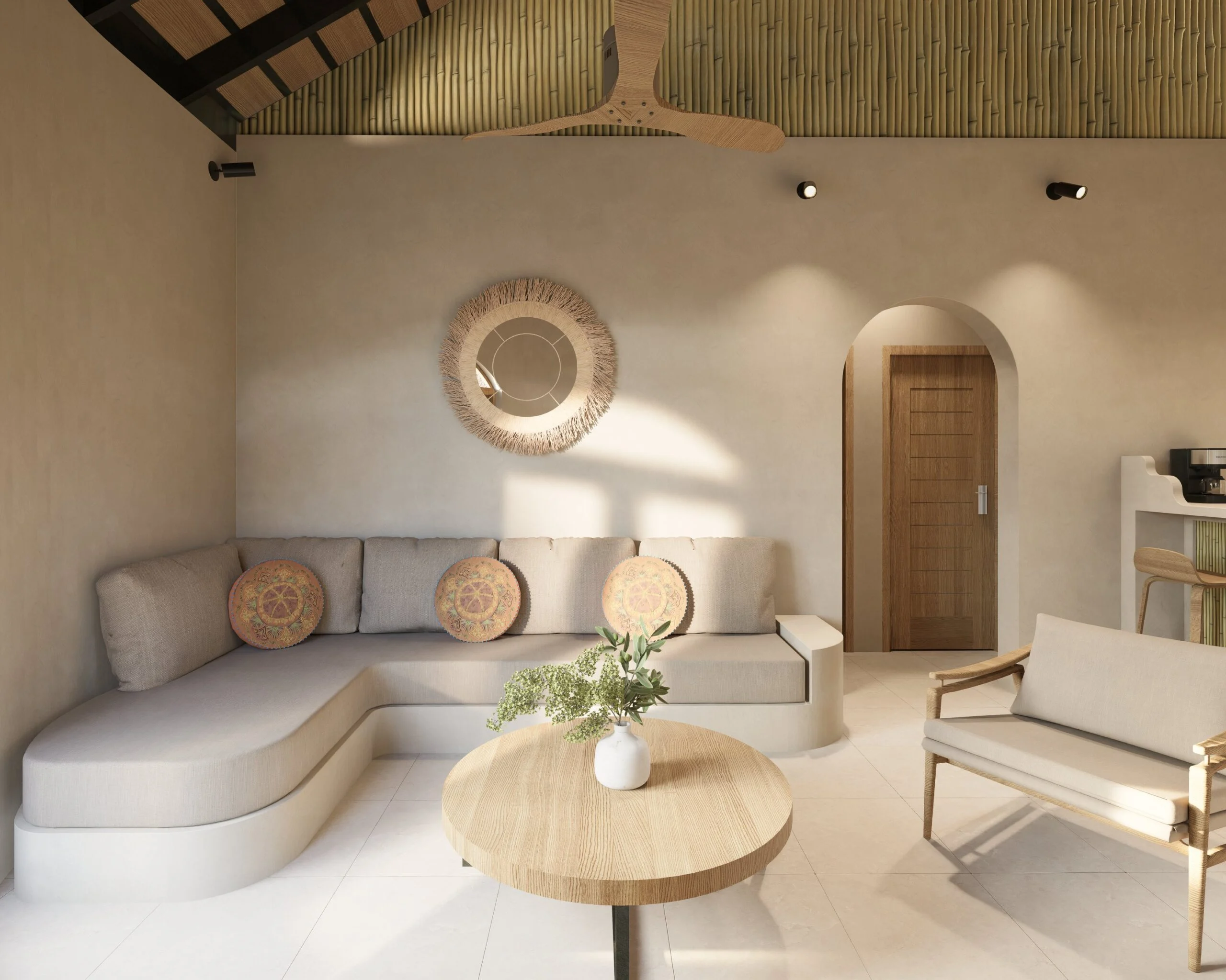 Coco Land — living room with curved plaster banquette and arched doorway, tropical resort 3D visualization by Noor Haus Design
