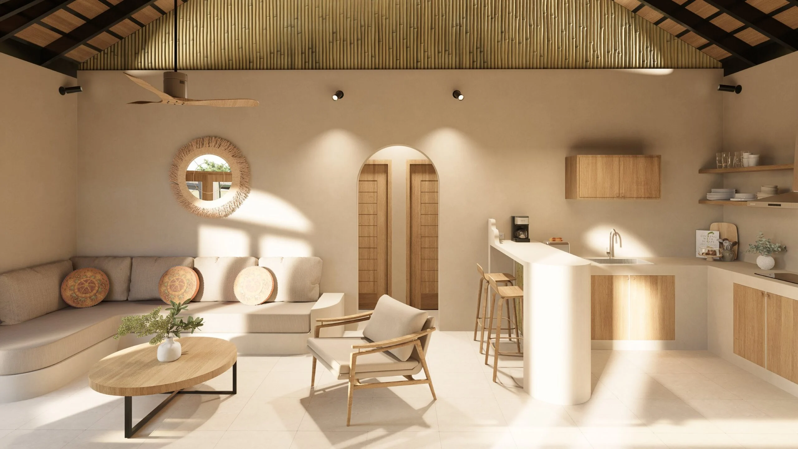 Coco Land — open living and kitchen space with arched niches and rounded plaster, tropical resort 3D visualization by Noor Haus Design
