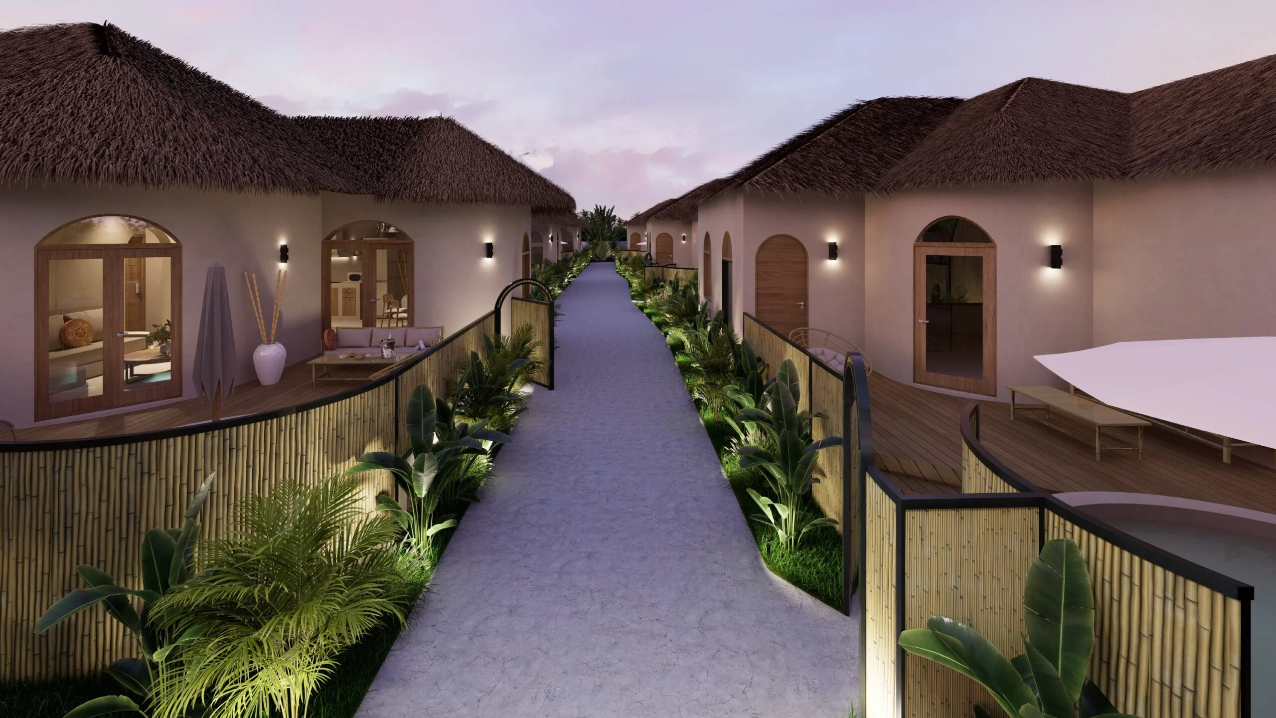 Coco Land — pathway between the thatched bungalows at dusk — architectural 3D visualization by Noor Haus Design