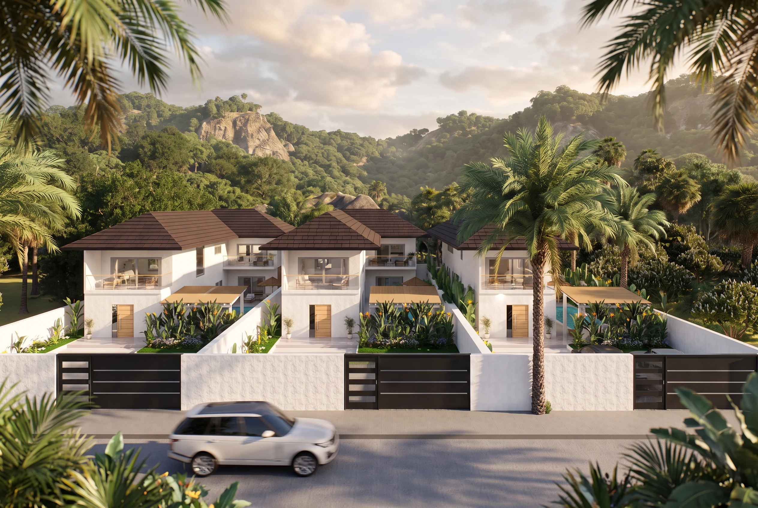 CP Paradise Duplex Villas — row of duplex villas against the mountains — architectural 3D visualization by Noor Haus Design