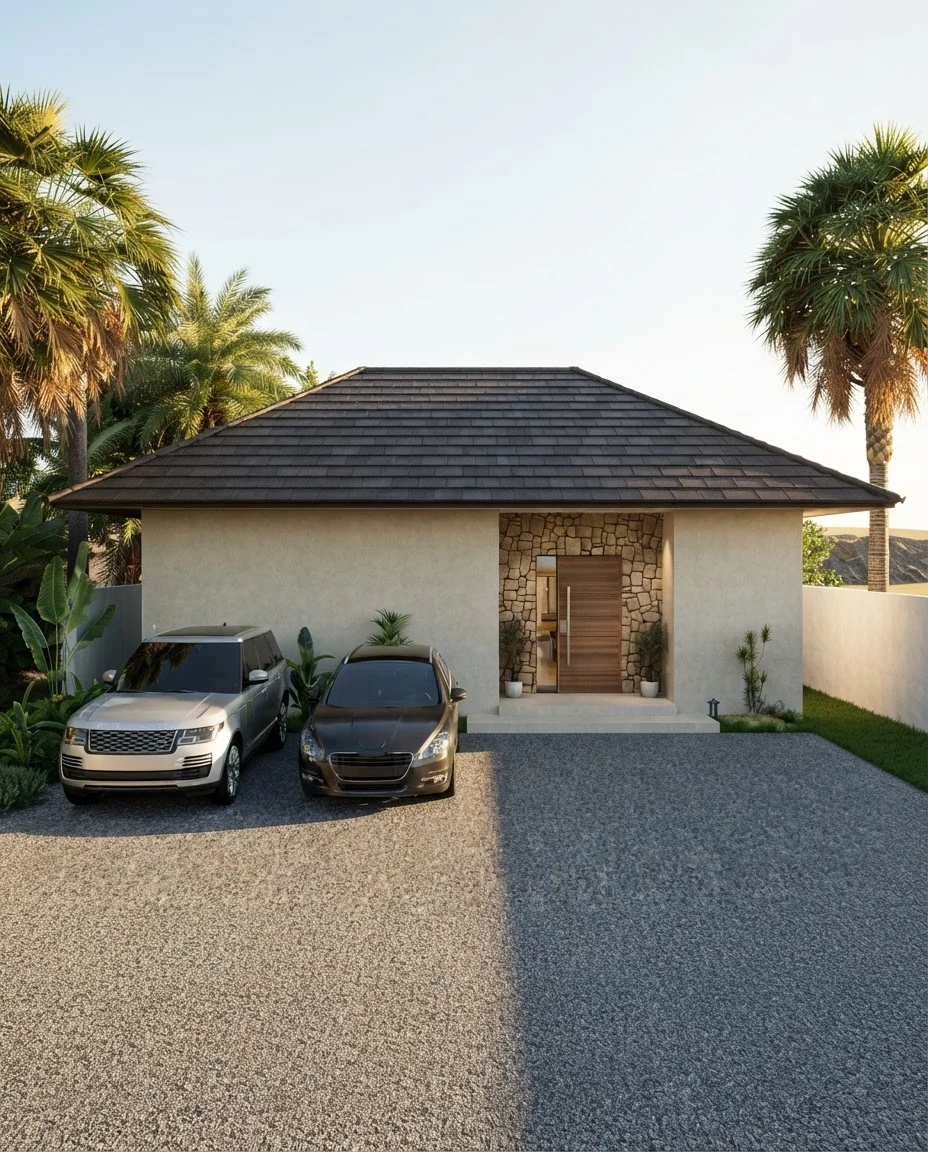 CP Paradise Garden Villas — villa entrance and carport — architectural 3D visualization by Noor Haus Design