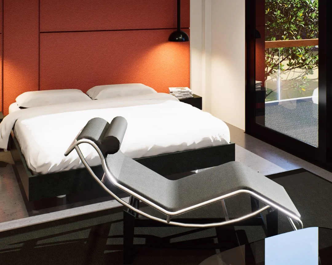 Villa Corbusier — bedroom with orange panelled wall and chrome chaise longue, modernist villa 3D visualization by Noor Haus Design