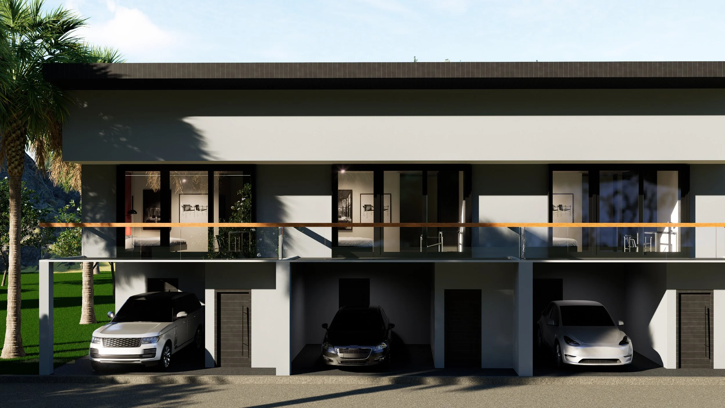 Villa Corbusier — villa facade and carport seen from the garden, modernist villa 3D visualization by Noor Haus Design