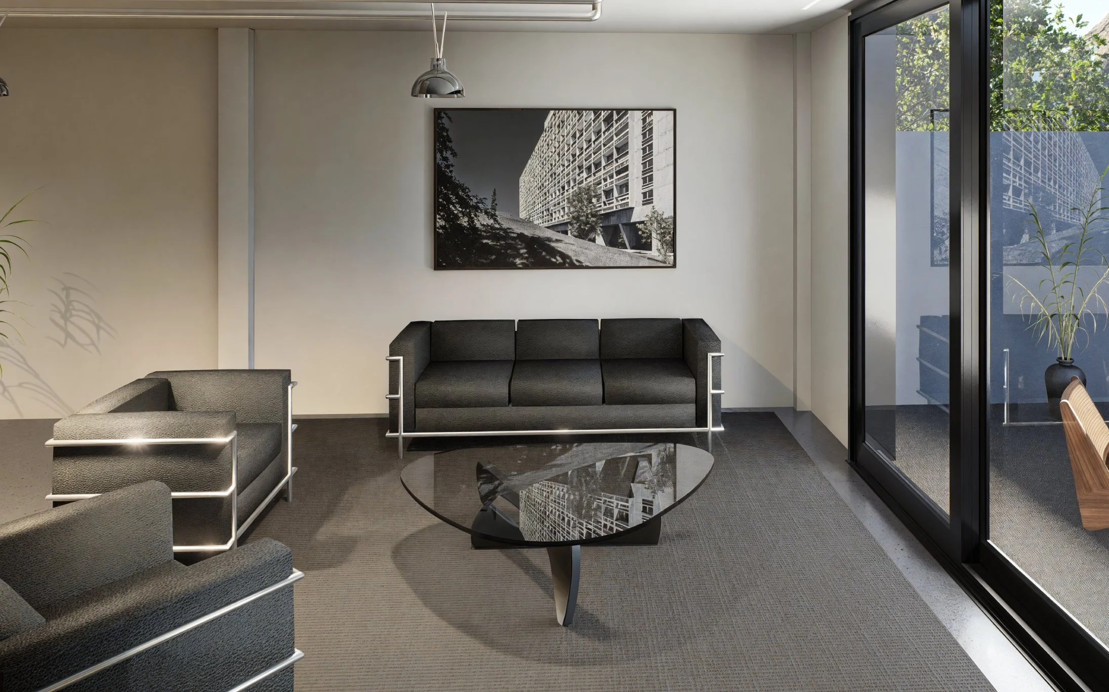 Villa Corbusier — living room with modernist tubular-steel seating and glass coffee table, modernist villa 3D visualization by Noor Haus Design