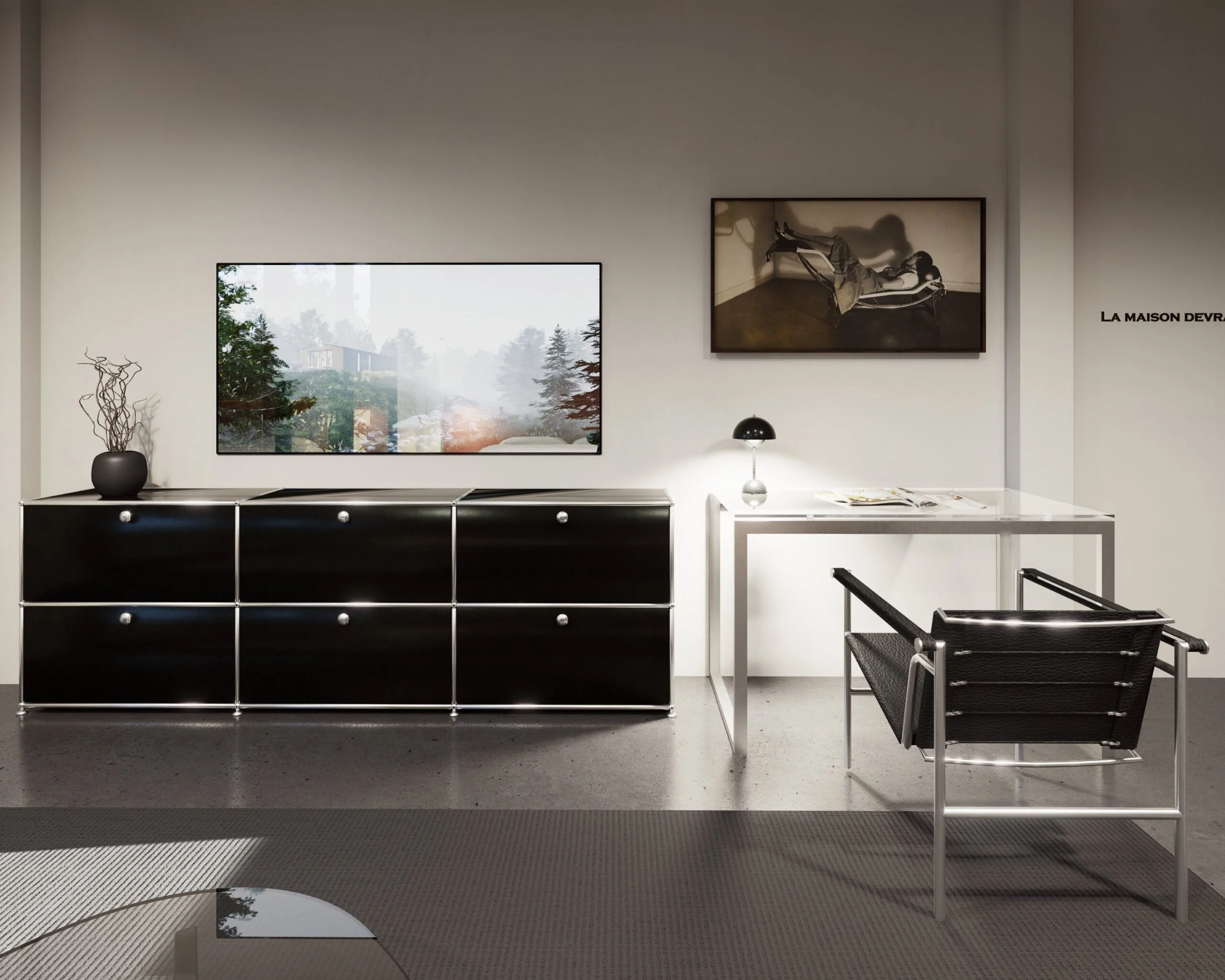 Villa Corbusier — study with black modular sideboard and steel desk, modernist villa 3D visualization by Noor Haus Design