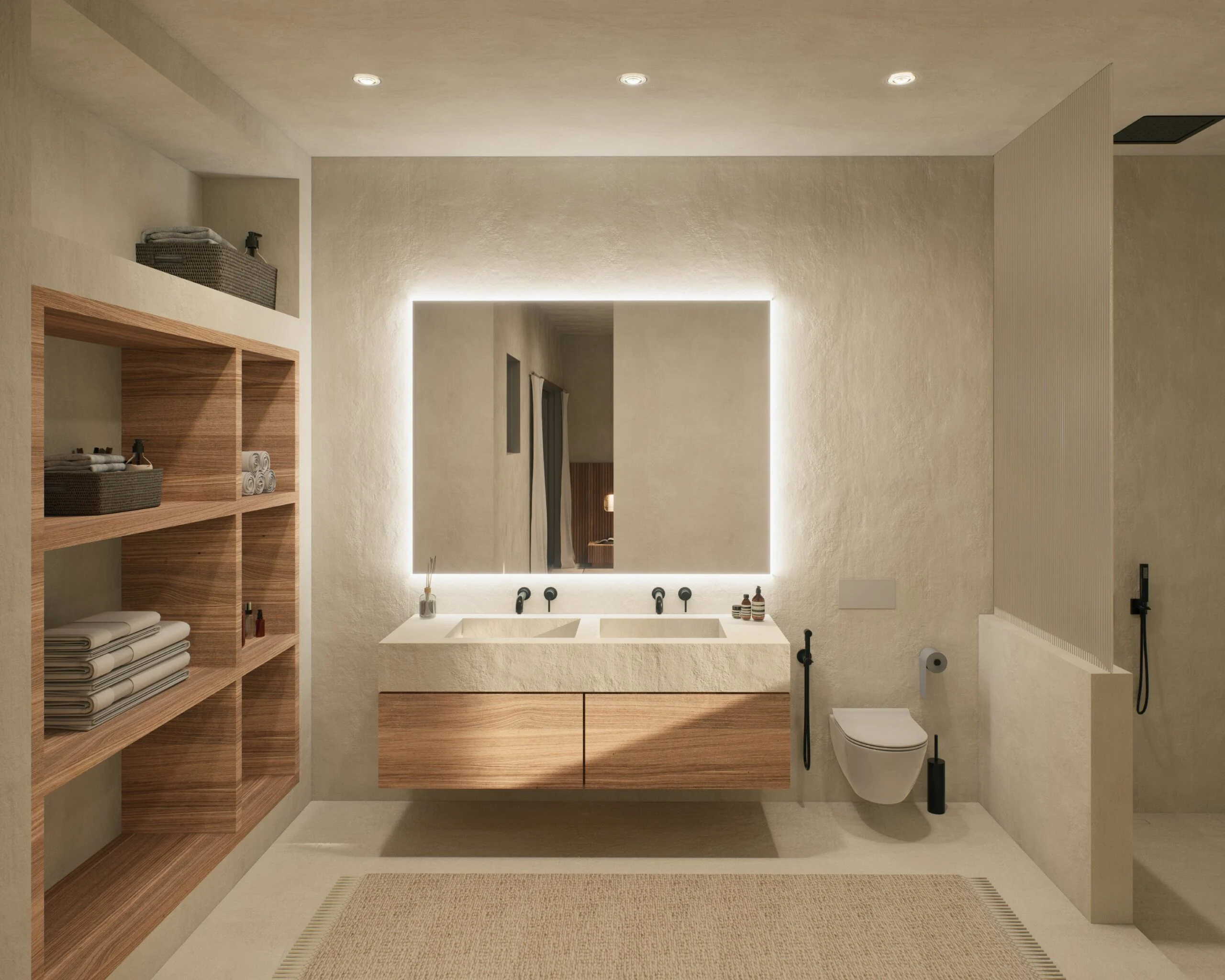 Sweety Land — bathroom with double travertine vanity and backlit mirror, tropical villa 3D visualization by Noor Haus Design