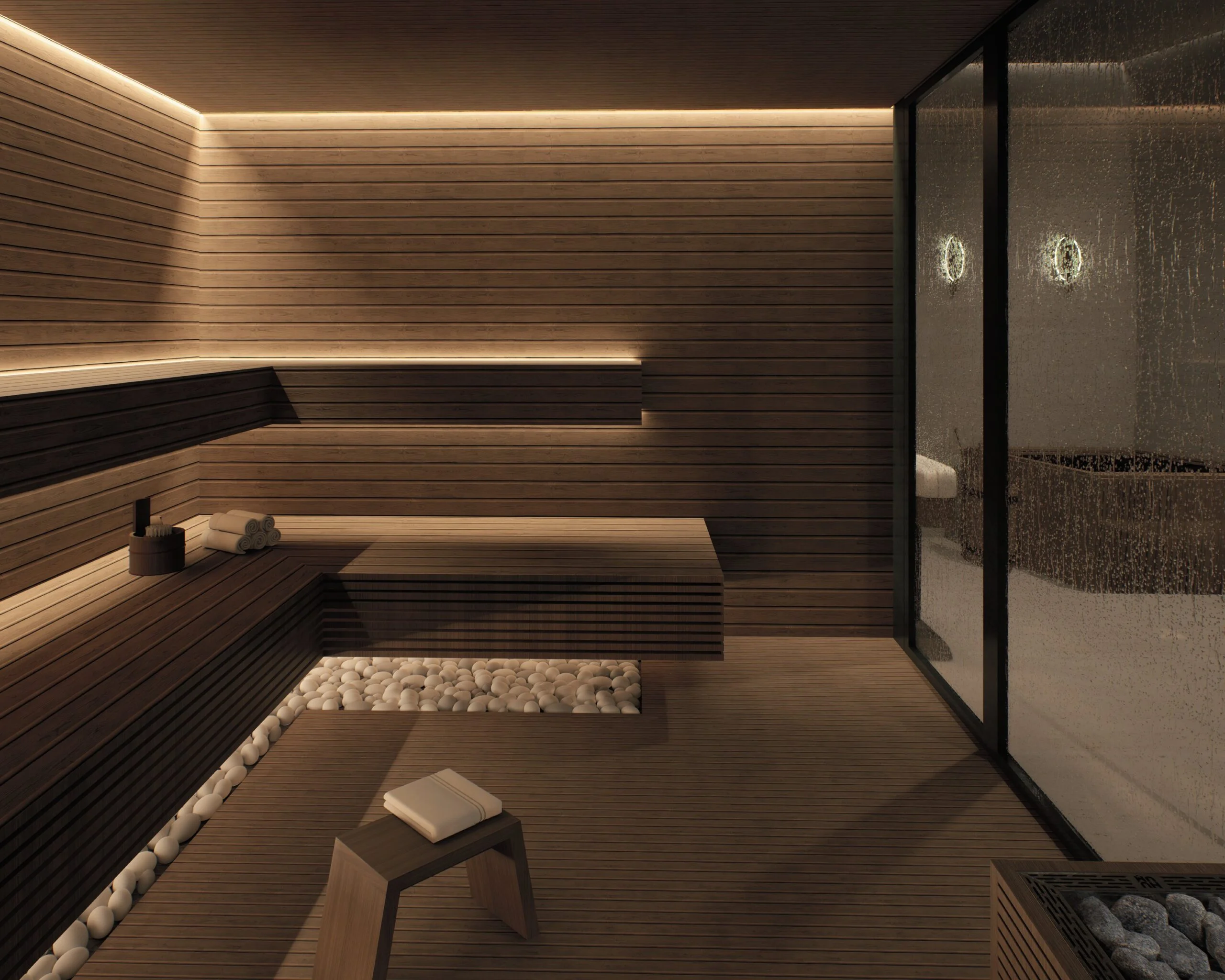 Villa Ren — sauna in dark timber with adjoining steam room, contemporary villa 3D visualization by Noor Haus Design