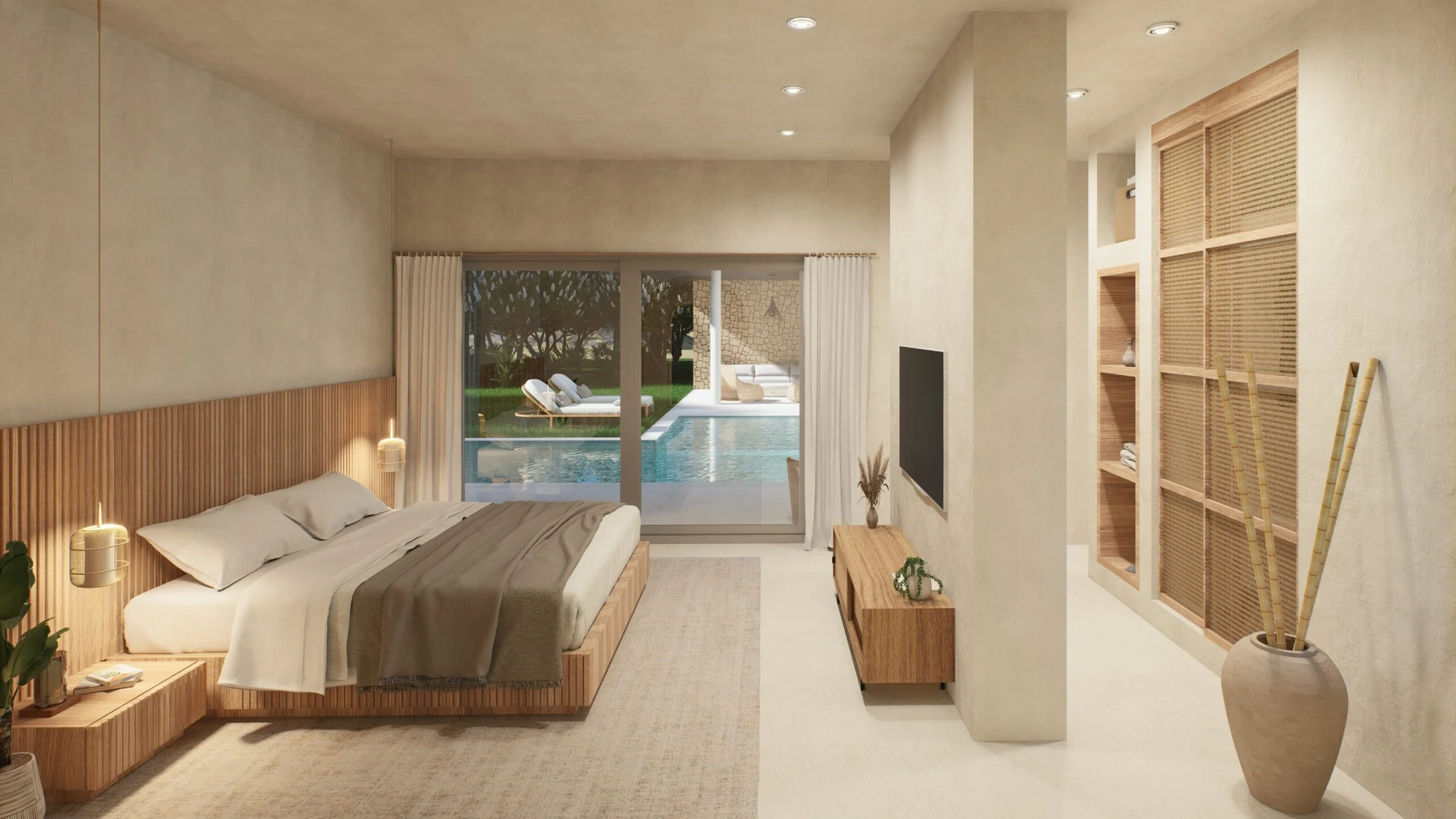 Sweety Land — bedroom with timber headboard opening onto the pool, tropical villa 3D visualization by Noor Haus Design