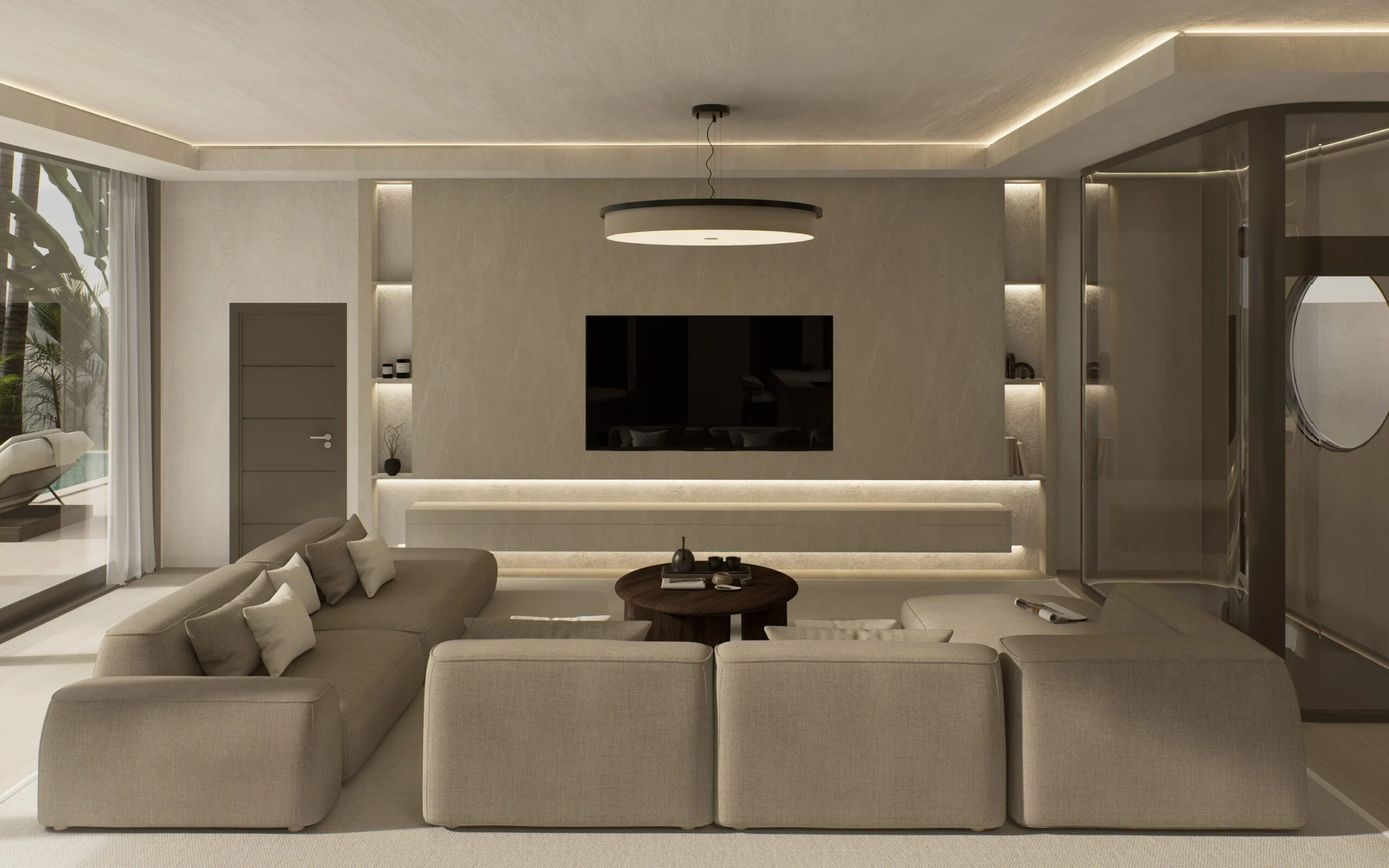 Villa Ren — living room with backlit stone wall and modular sofa, contemporary villa 3D visualization by Noor Haus Design