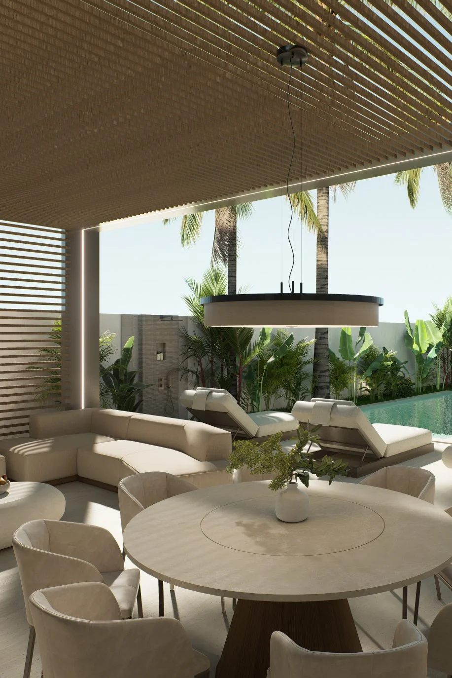 Villa Ren — poolside lounge with sun loungers and tropical planting, contemporary villa 3D visualization by Noor Haus Design