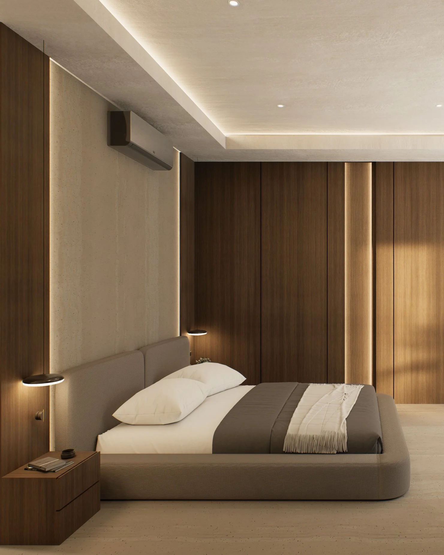 Villa Ren — lounge with walnut panelling and concealed lighting, contemporary villa 3D visualization by Noor Haus Design