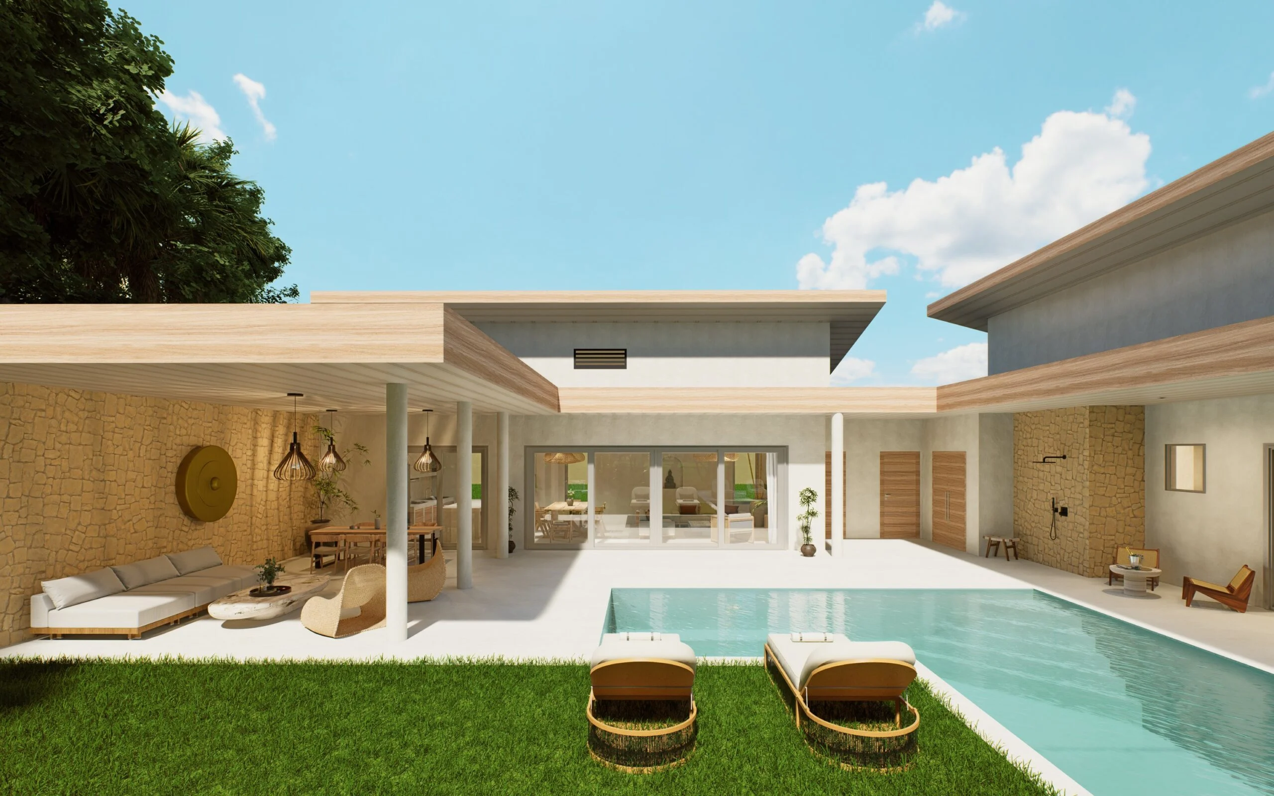 Sweety Land — villa and pool seen from the lawn, open living pavilion, tropical villa 3D visualization by Noor Haus Design