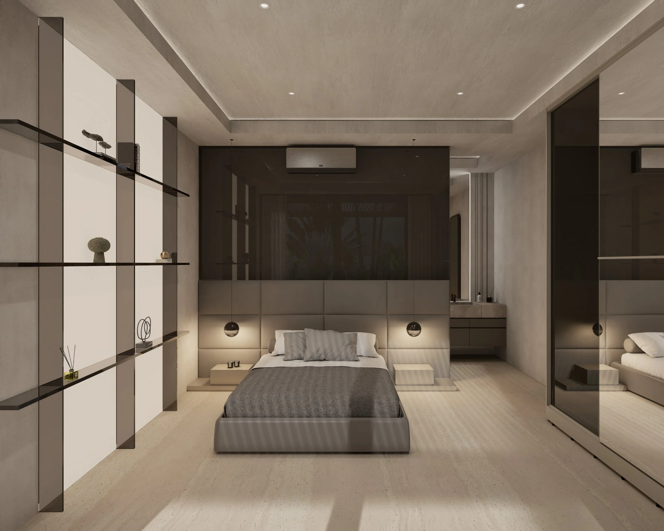 Villa Ren — bedroom with backlit headboard and glass shelving, contemporary villa 3D visualization by Noor Haus Design
