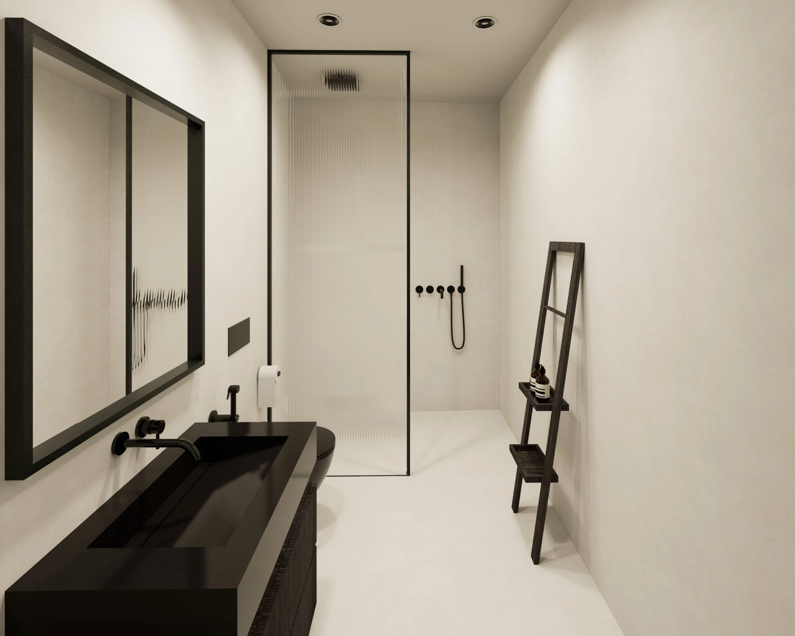 Villa Corbusier — bathroom with walk-in shower and black stone vanity, modernist villa 3D visualization by Noor Haus Design