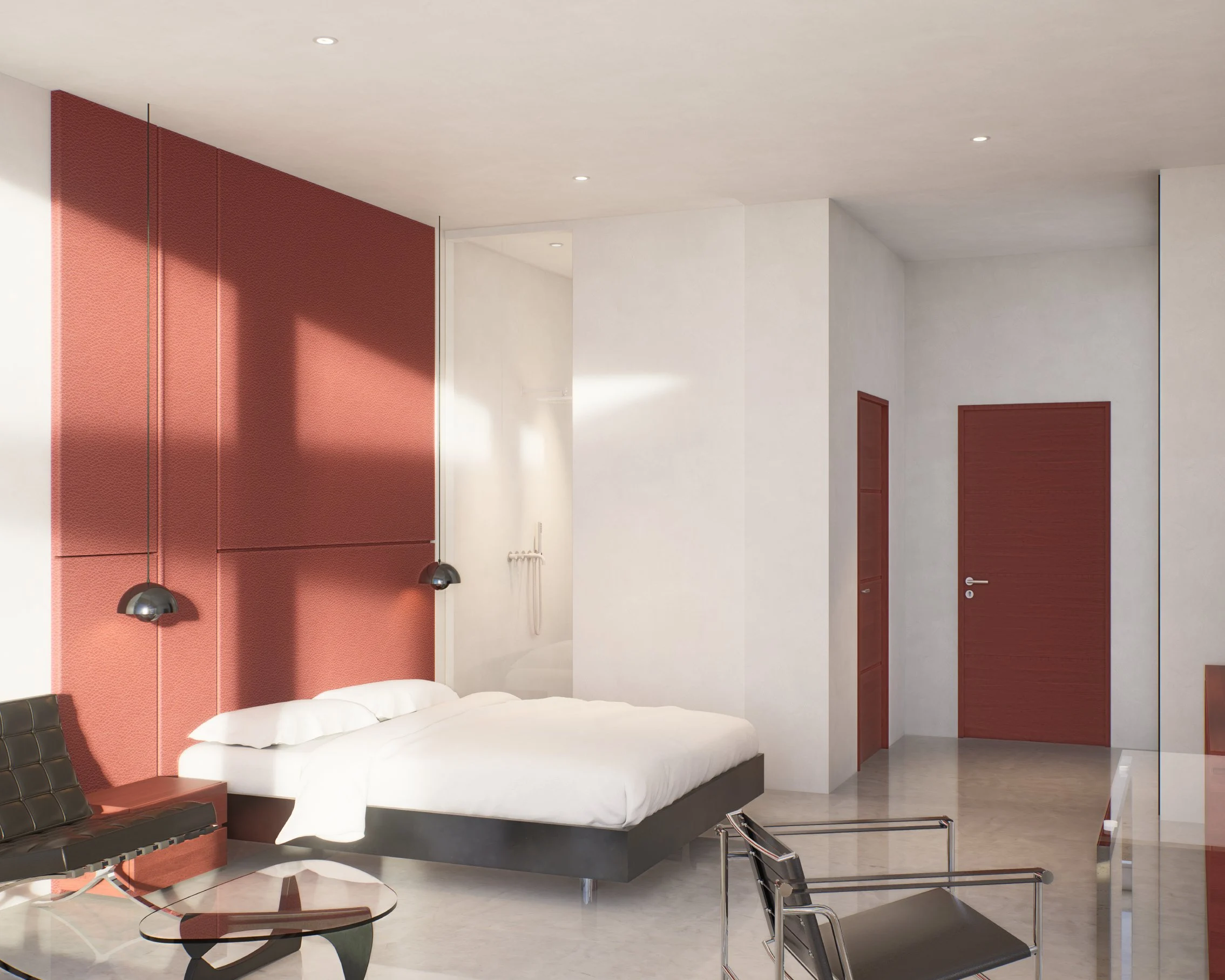 Villa Barcelona — bedroom with terracotta panelled wall, modernist villa 3D visualization by Noor Haus Design