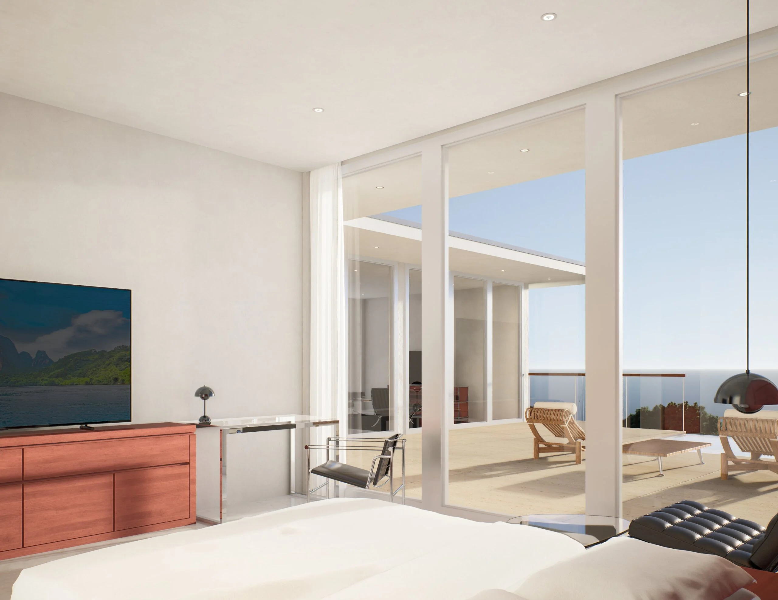 Villa Barcelona — living room opening onto the terrace and the sea view, modernist villa 3D visualization by Noor Haus Design