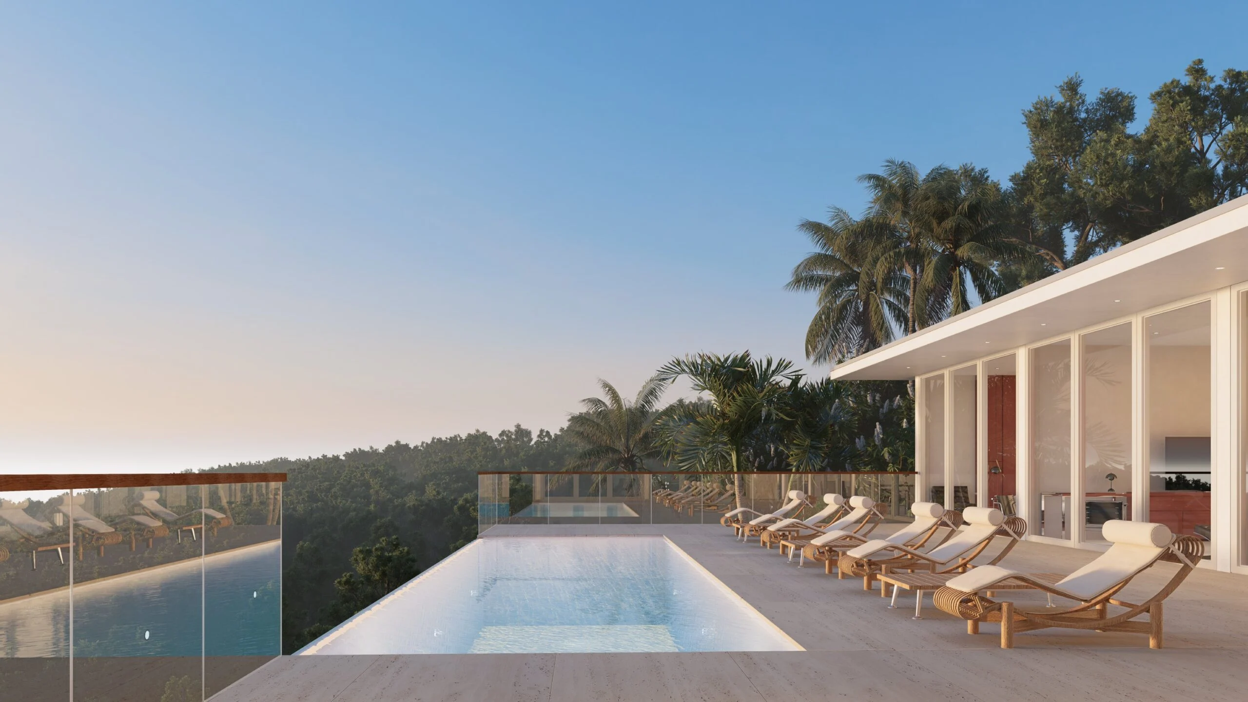 Villa Barcelona — infinity pool and terrace overlooking the jungle and the sea, modernist villa 3D visualization by Noor Haus Design
