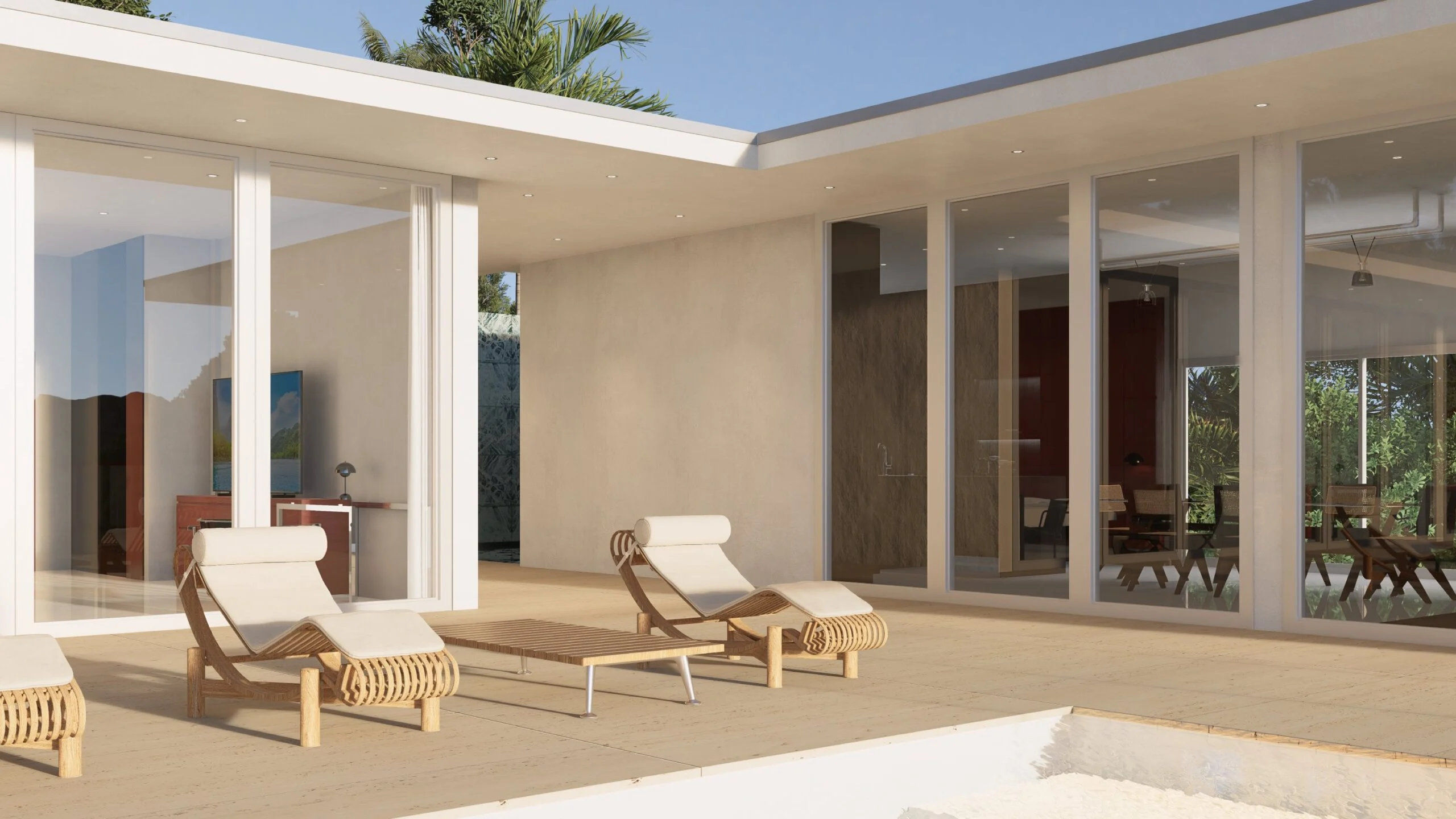 Villa Barcelona — covered terrace with loungers between white columns, modernist villa 3D visualization by Noor Haus Design