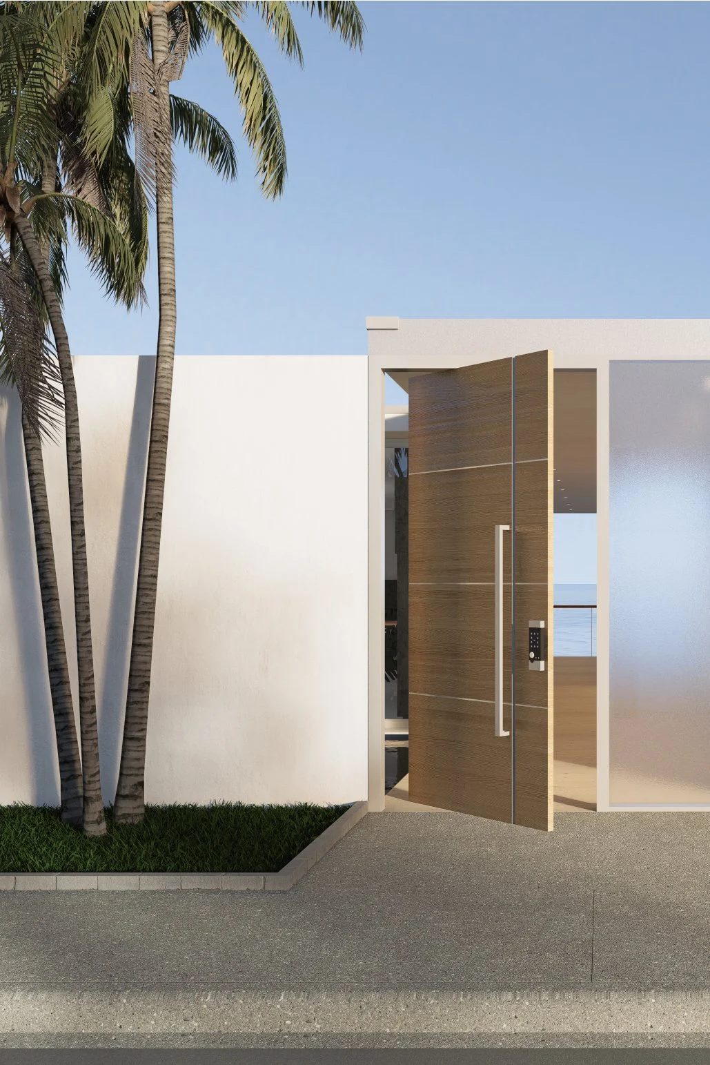 Villa Barcelona — timber pivot entrance door framed by white walls, modernist villa 3D visualization by Noor Haus Design