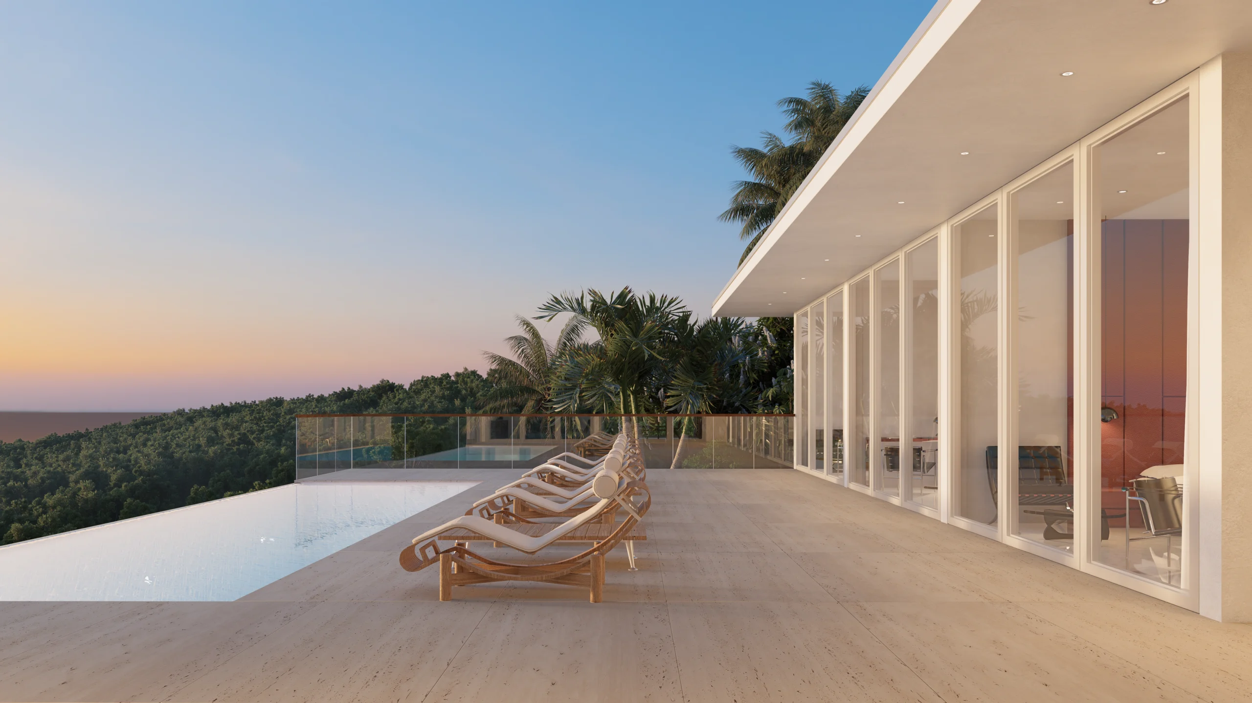 Villa Barcelona — infinity pool terrace overlooking the sea — architectural 3D visualization by Noor Haus Design