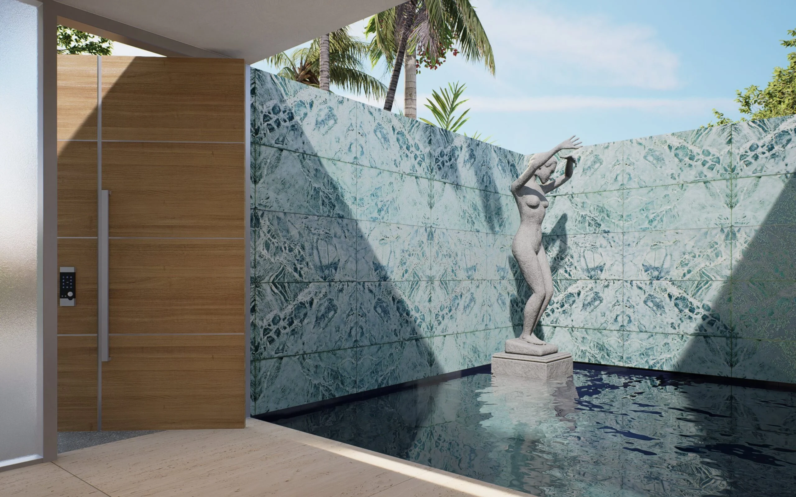 Villa Barcelona — marble courtyard with sculpture and reflecting pool, modernist villa 3D visualization by Noor Haus Design