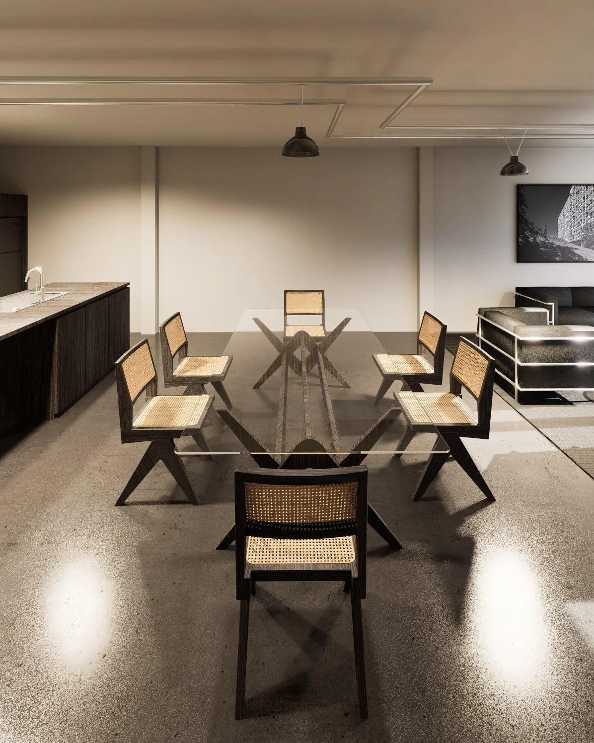 Villa Corbusier — dining table with cane chairs seen from the kitchen, modernist villa 3D visualization by Noor Haus Design