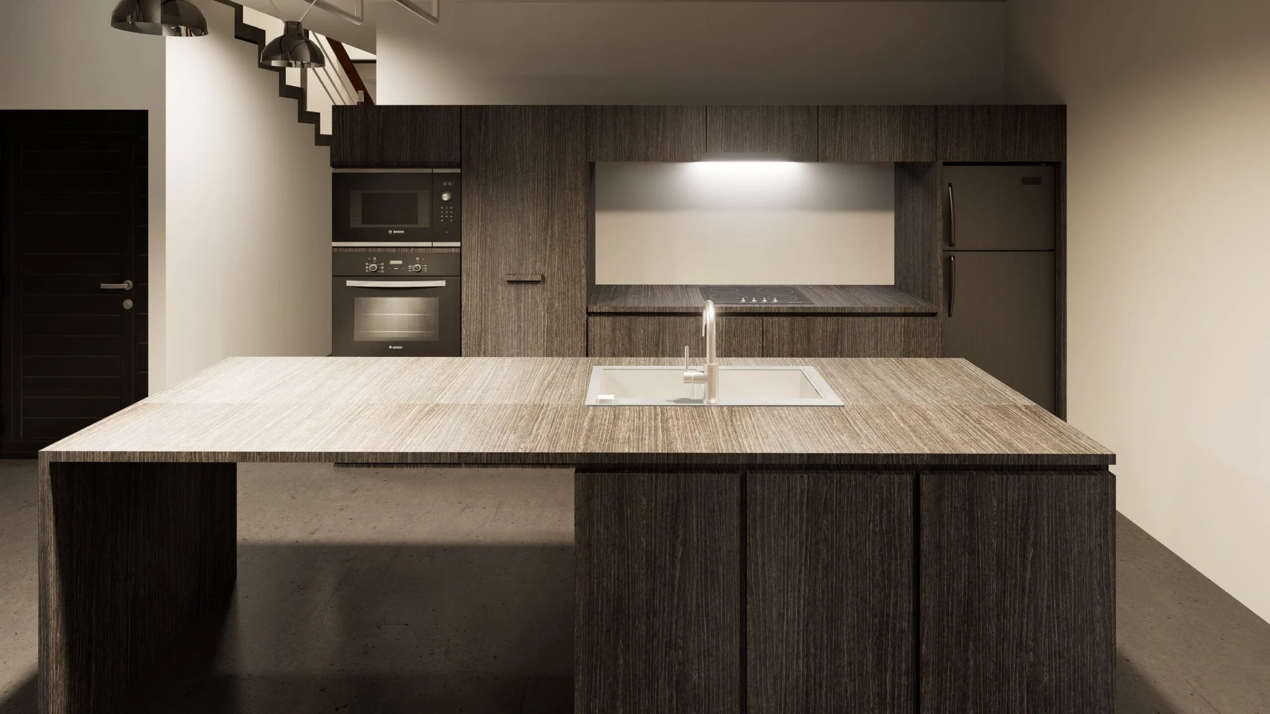 Villa Corbusier — kitchen with dark timber joinery and stone island, modernist villa 3D visualization by Noor Haus Design