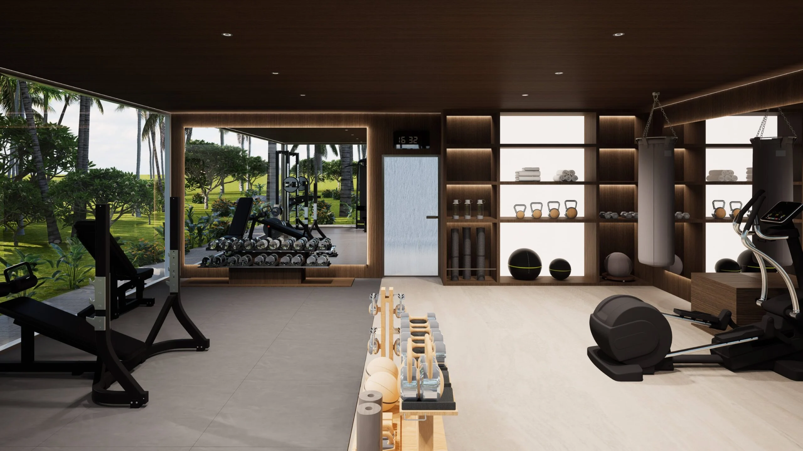 Villa Ren — private gym opening onto the garden, contemporary villa 3D visualization by Noor Haus Design