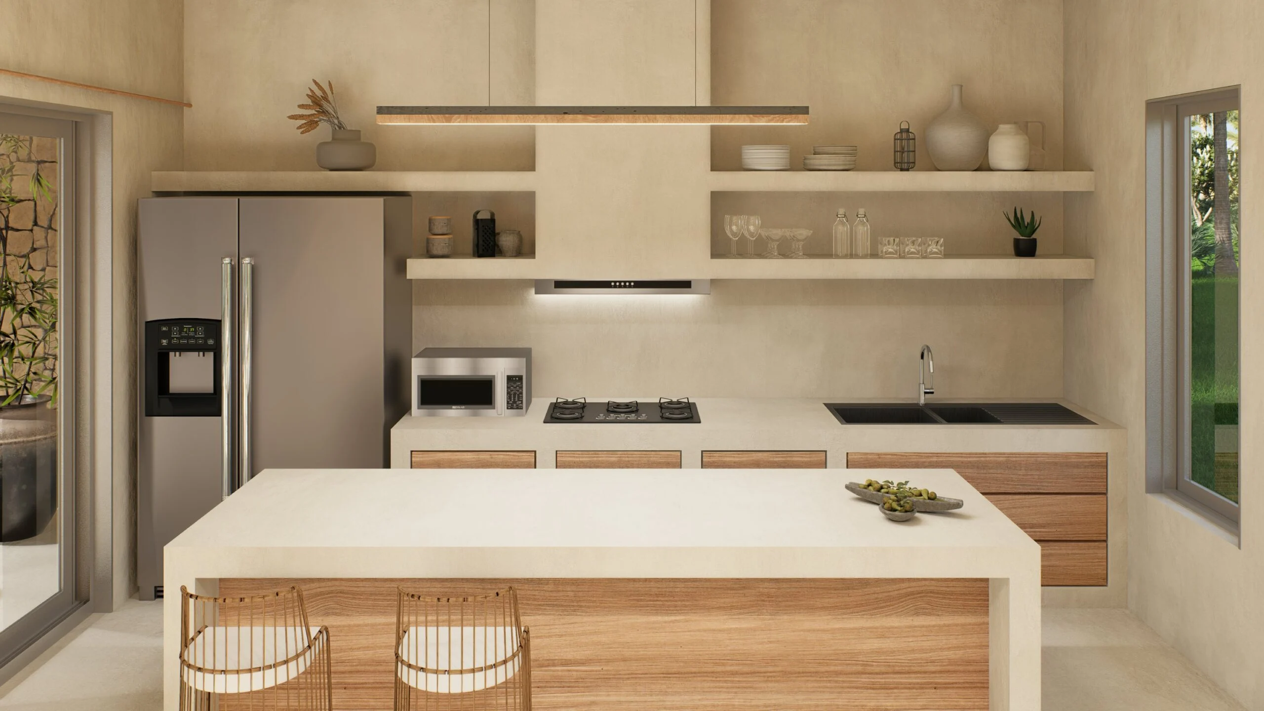 Sweety Land — kitchen with island, integrated appliances and open shelving, tropical villa 3D visualization by Noor Haus Design