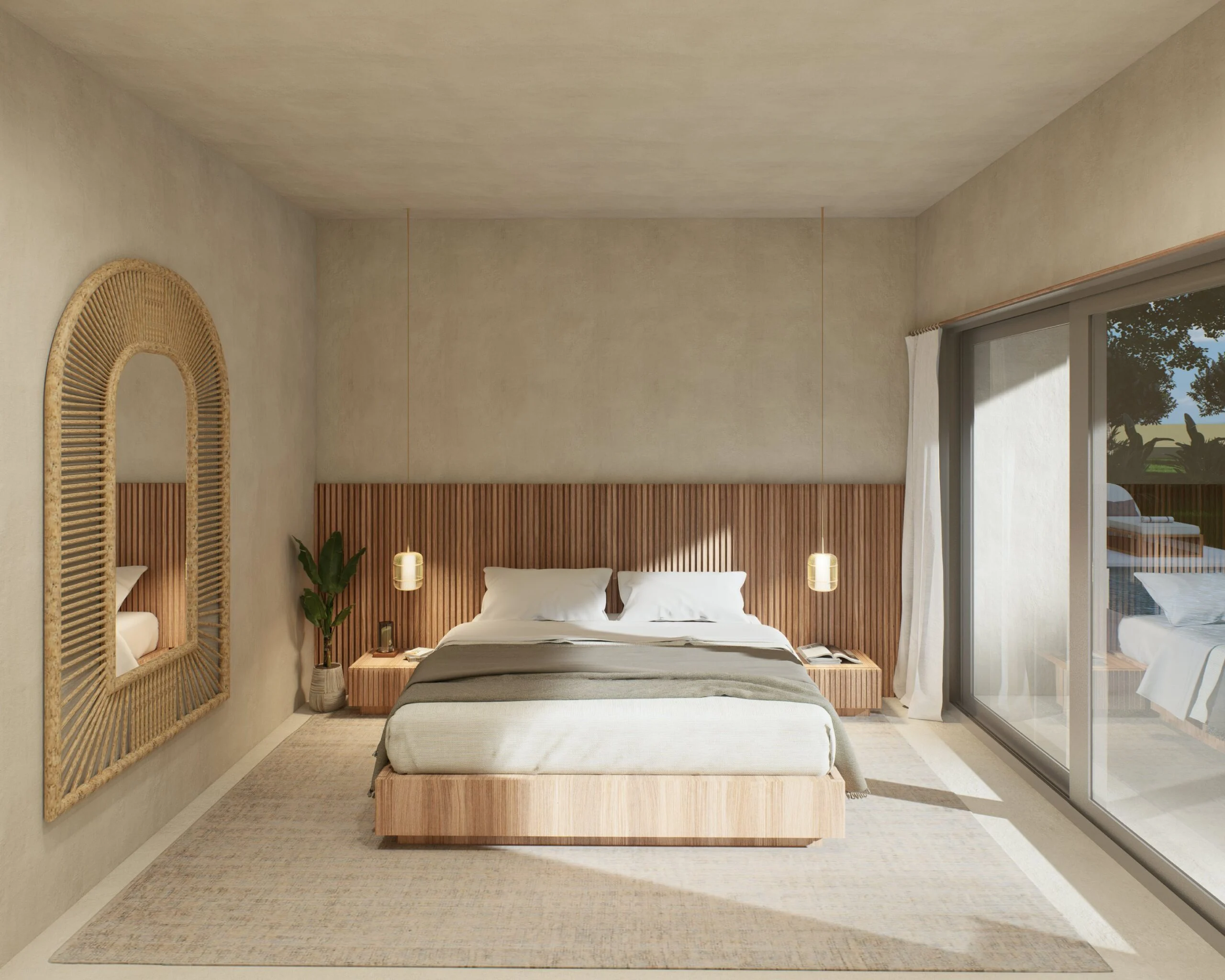 Sweety Land — bedroom with arched mirror and fluted timber headboard, tropical villa 3D visualization by Noor Haus Design