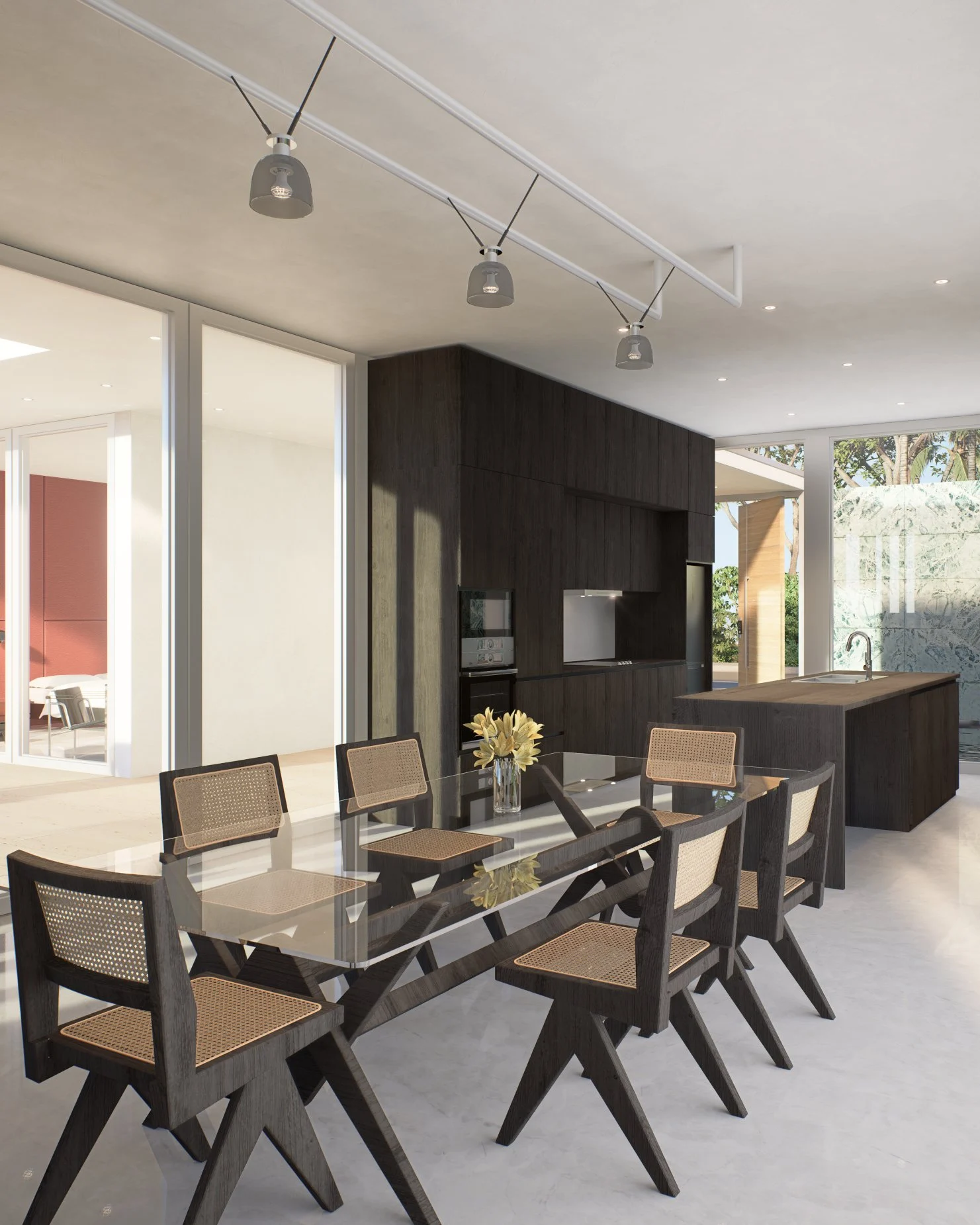 Villa Barcelona — kitchen and dining area in dark timber opening onto the terrace, modernist villa 3D visualization by Noor Haus Design