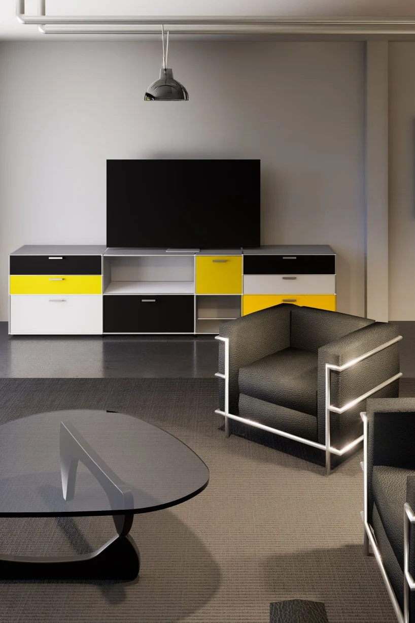 Villa Corbusier — modular storage wall in yellow, black and white with leather armchair, modernist villa 3D visualization by Noor Haus Design