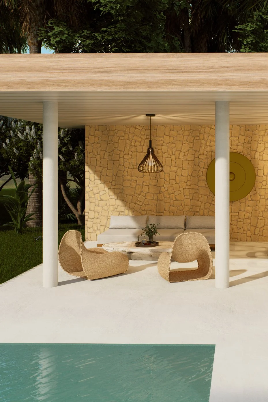 Sweety Land — outdoor lounge against a stone wall with woven armchairs, tropical villa 3D visualization by Noor Haus Design