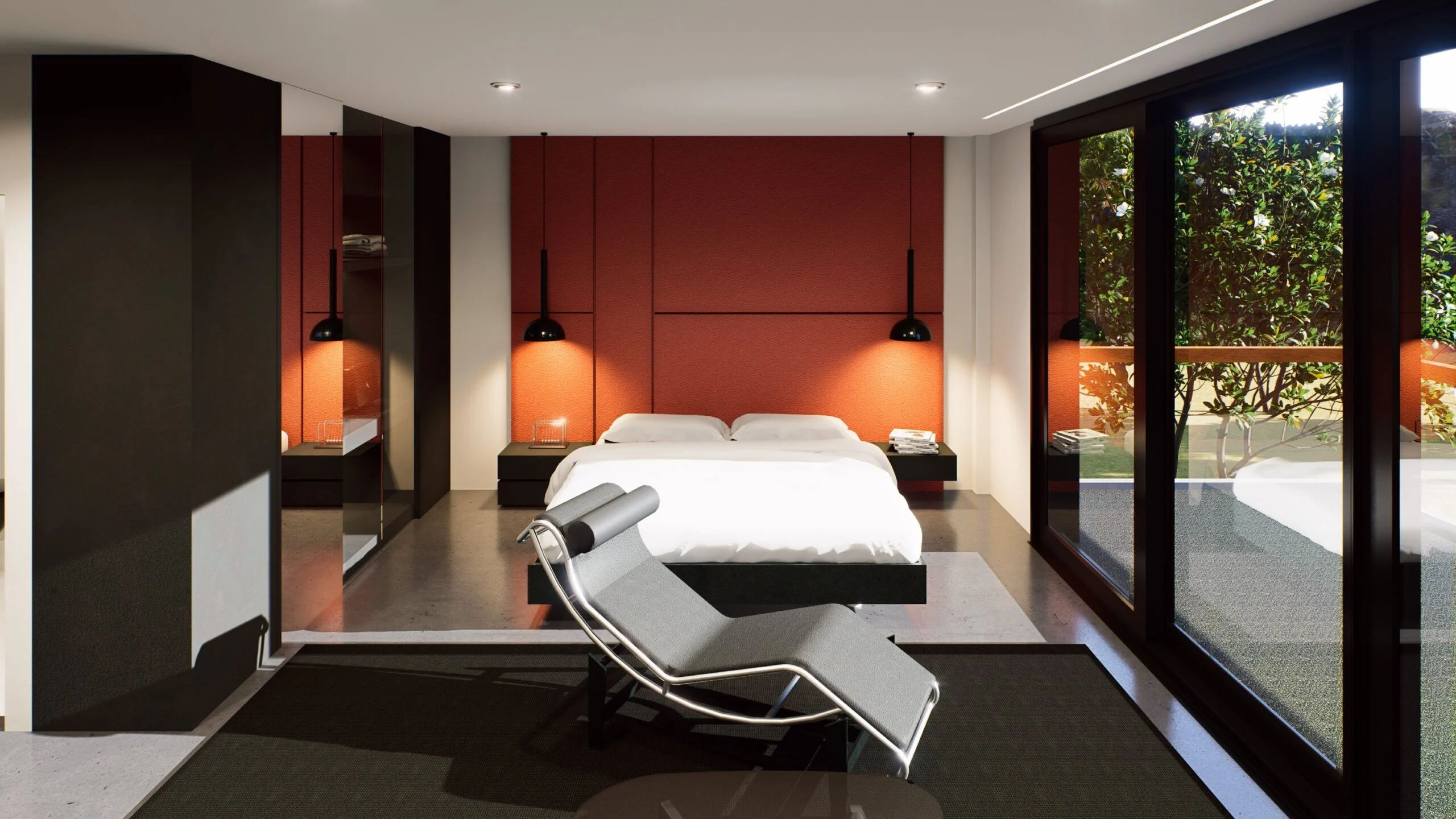 Villa Corbusier — bedroom with orange panelled wall and chrome chaise longue — architectural 3D visualization by Noor Haus Design