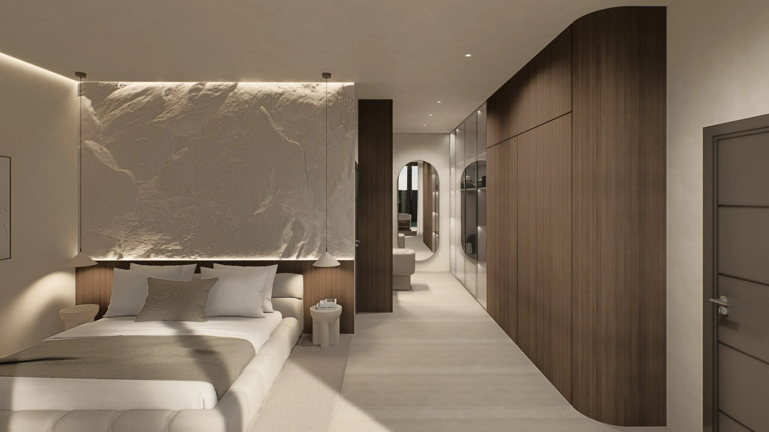 Villa Ren — master bedroom with stone headboard panel and walnut joinery, contemporary villa 3D visualization by Noor Haus Design
