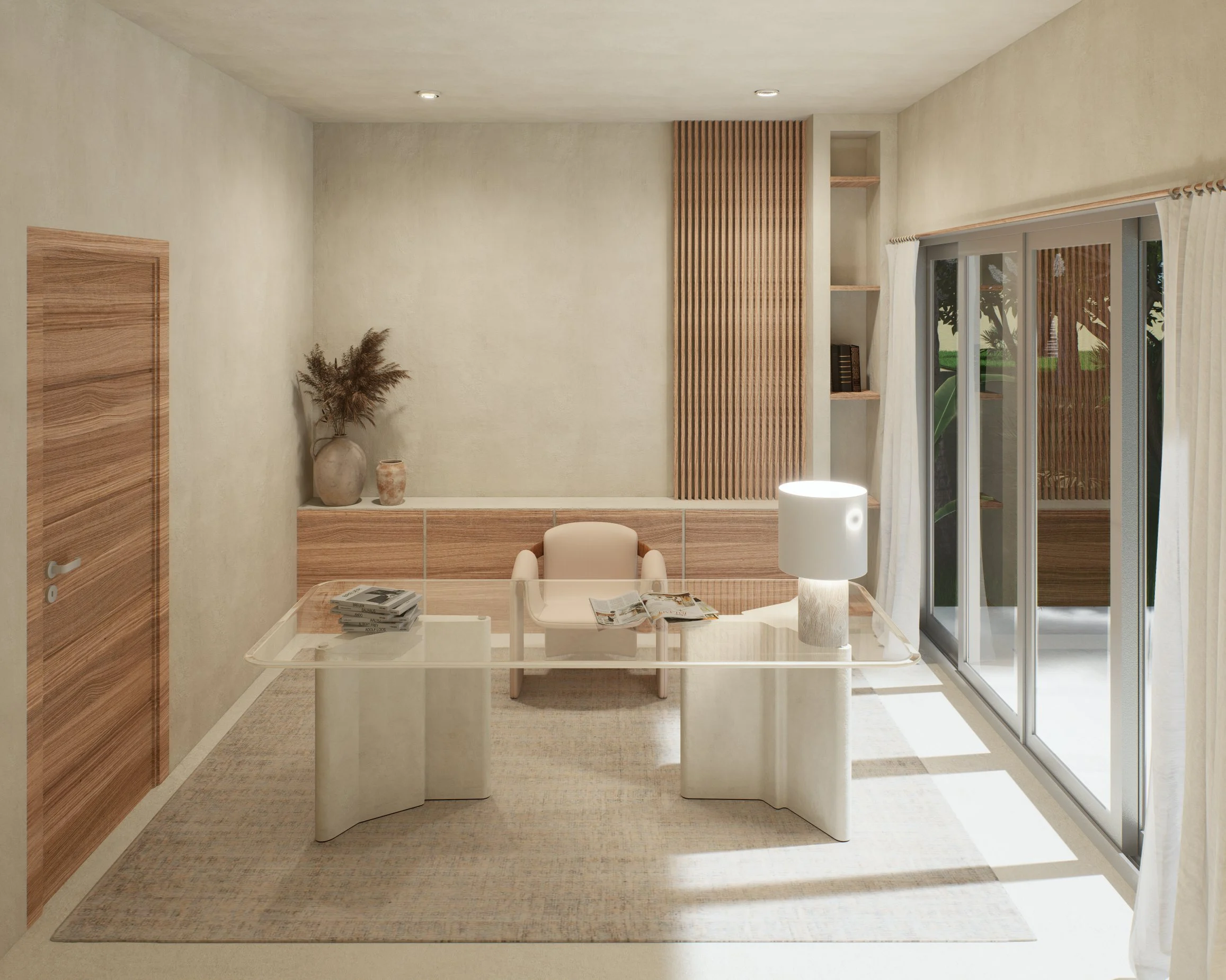 Sweety Land — living space opening onto the garden through sliding doors, tropical villa 3D visualization by Noor Haus Design