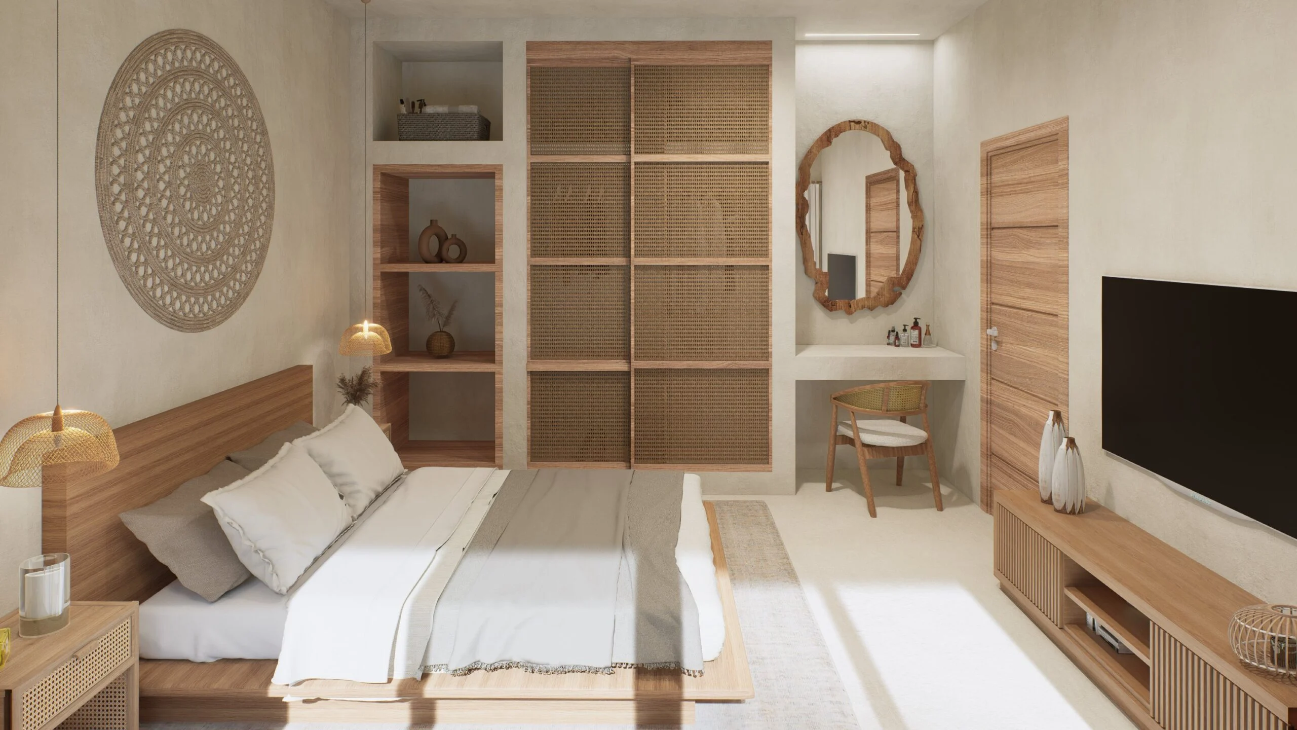 Sweety Land — bedroom with carved screen, dressing area and timber joinery, tropical villa 3D visualization by Noor Haus Design