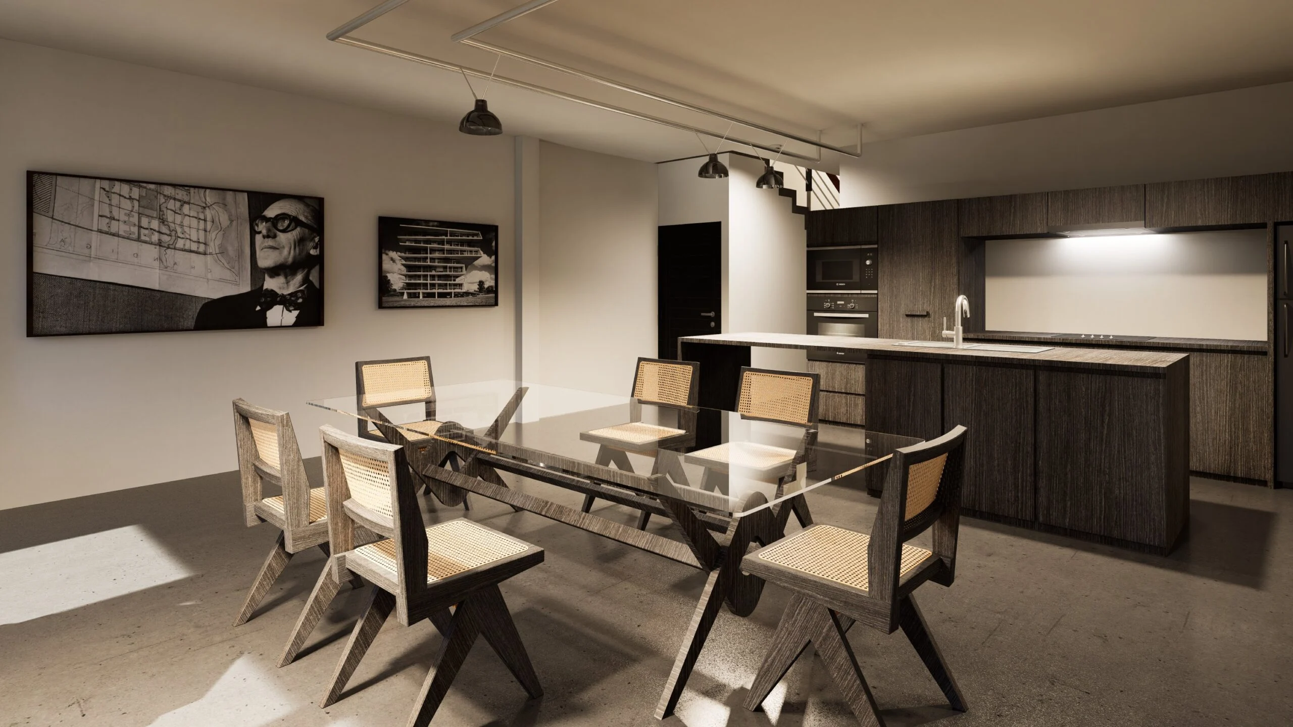 Villa Corbusier — dining area with cane chairs opening onto the kitchen, modernist villa 3D visualization by Noor Haus Design