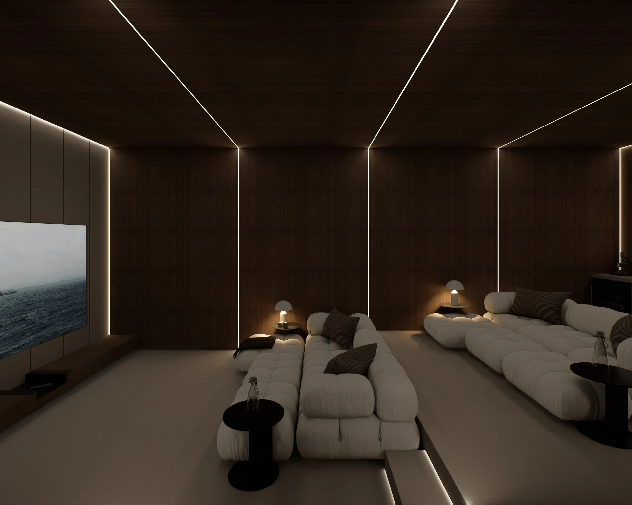 Villa Ren — home cinema room in walnut with linear lighting, contemporary villa 3D visualization by Noor Haus Design