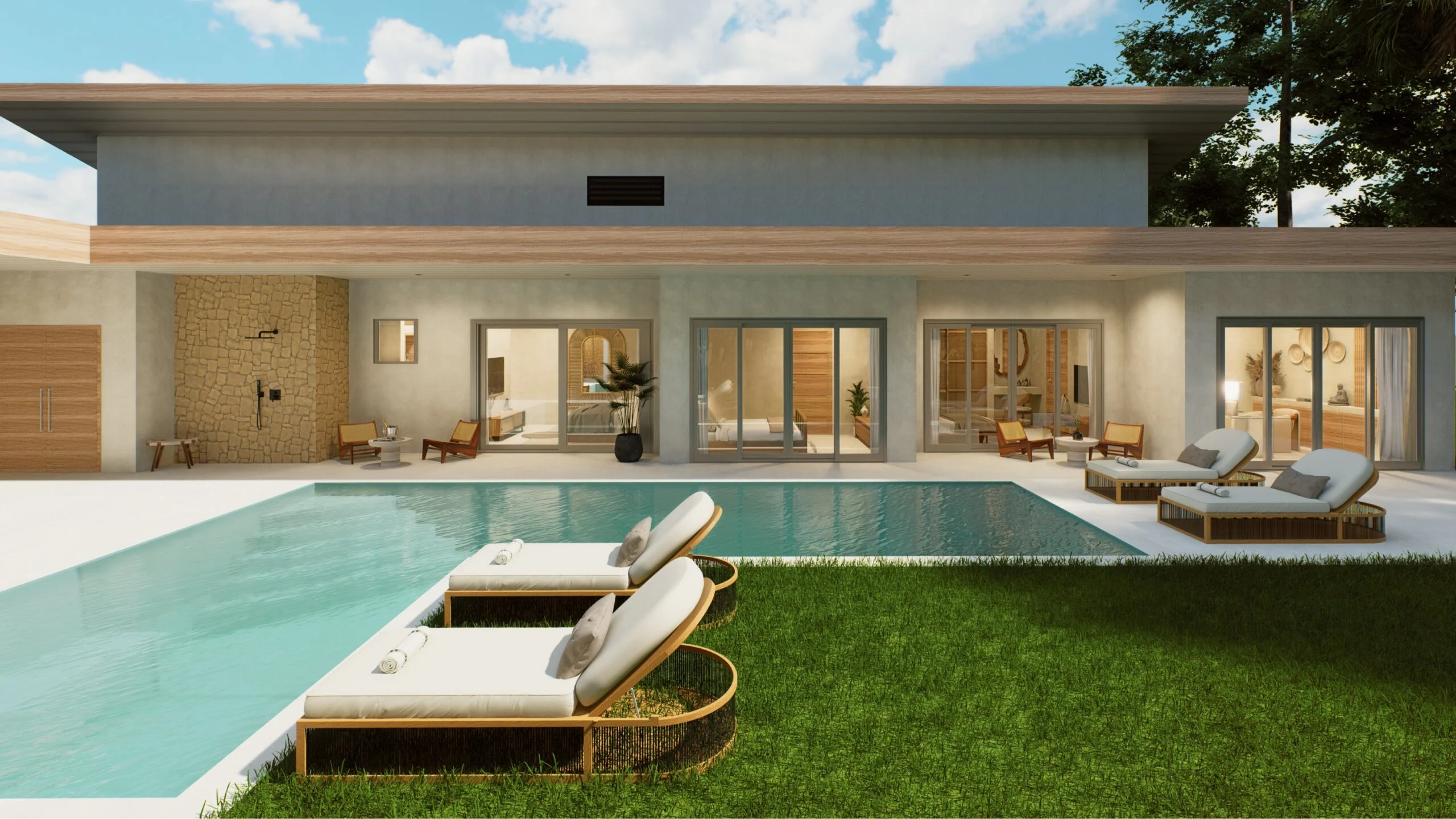 Sweety Land — villa and pool seen from the lawn at dusk — architectural 3D visualization by Noor Haus Design