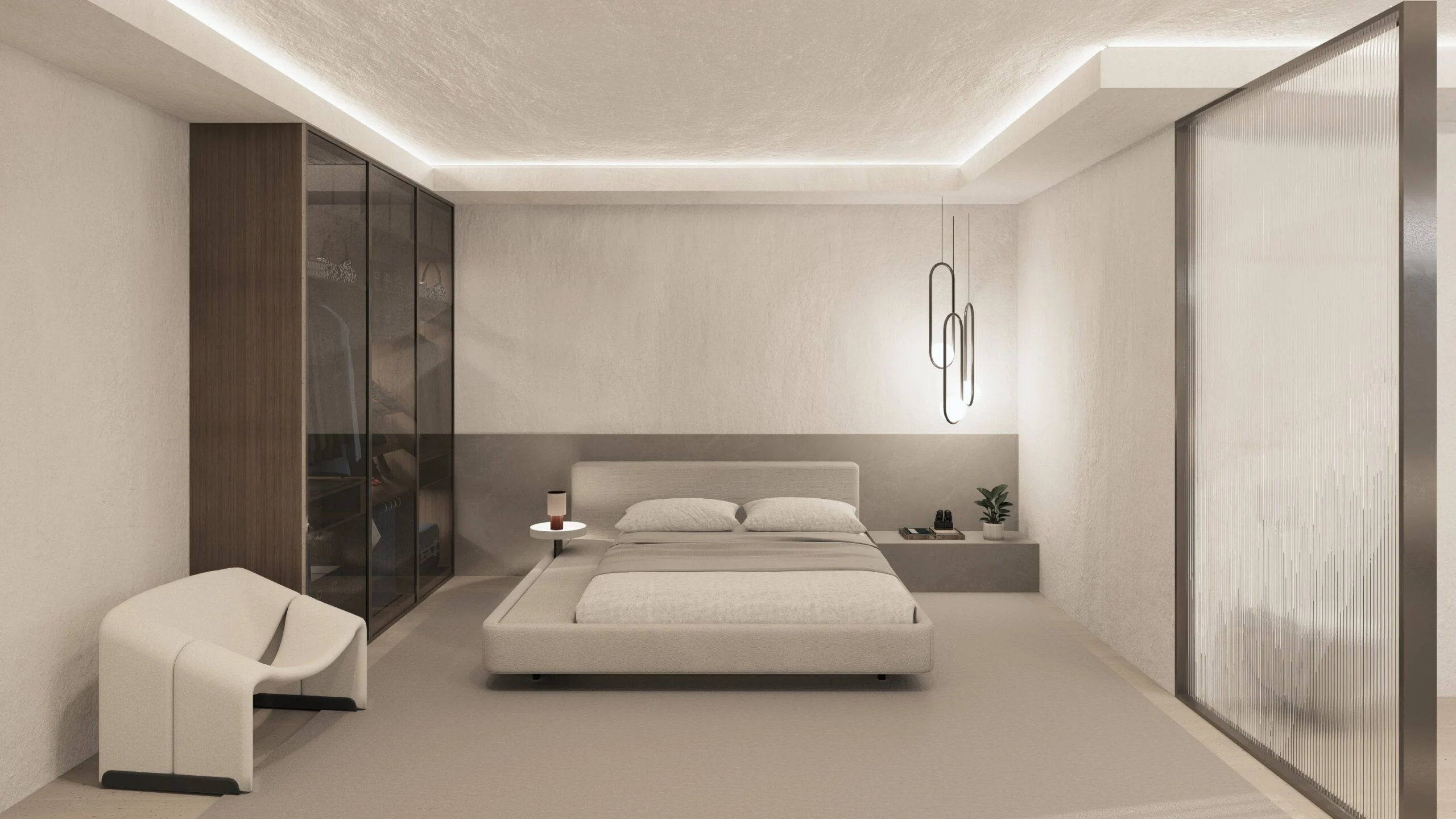 Villa Ren — bedroom with sculptural pendant and full-height glazing, contemporary villa 3D visualization by Noor Haus Design