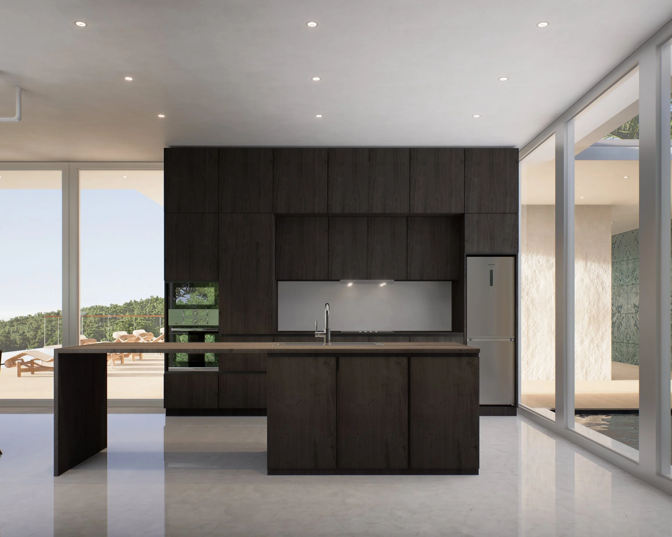 Villa Barcelona — kitchen with dark timber joinery and sea view, modernist villa 3D visualization by Noor Haus Design